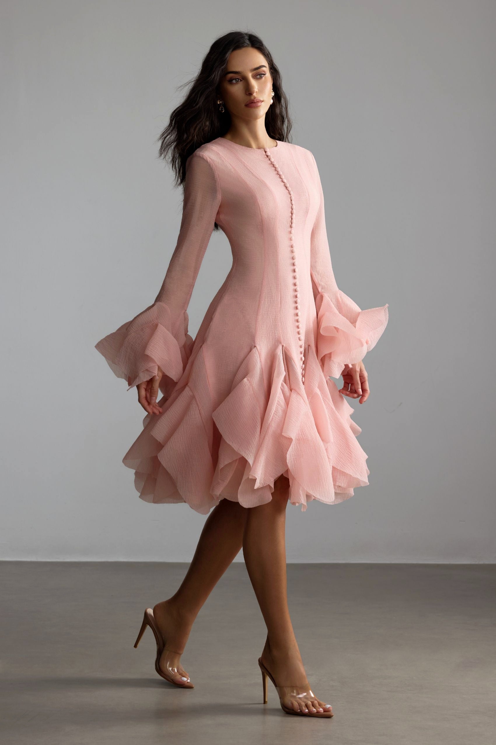 Gloria Elegant Long Sleeve Flared Hem Midi Dress for Fall Events