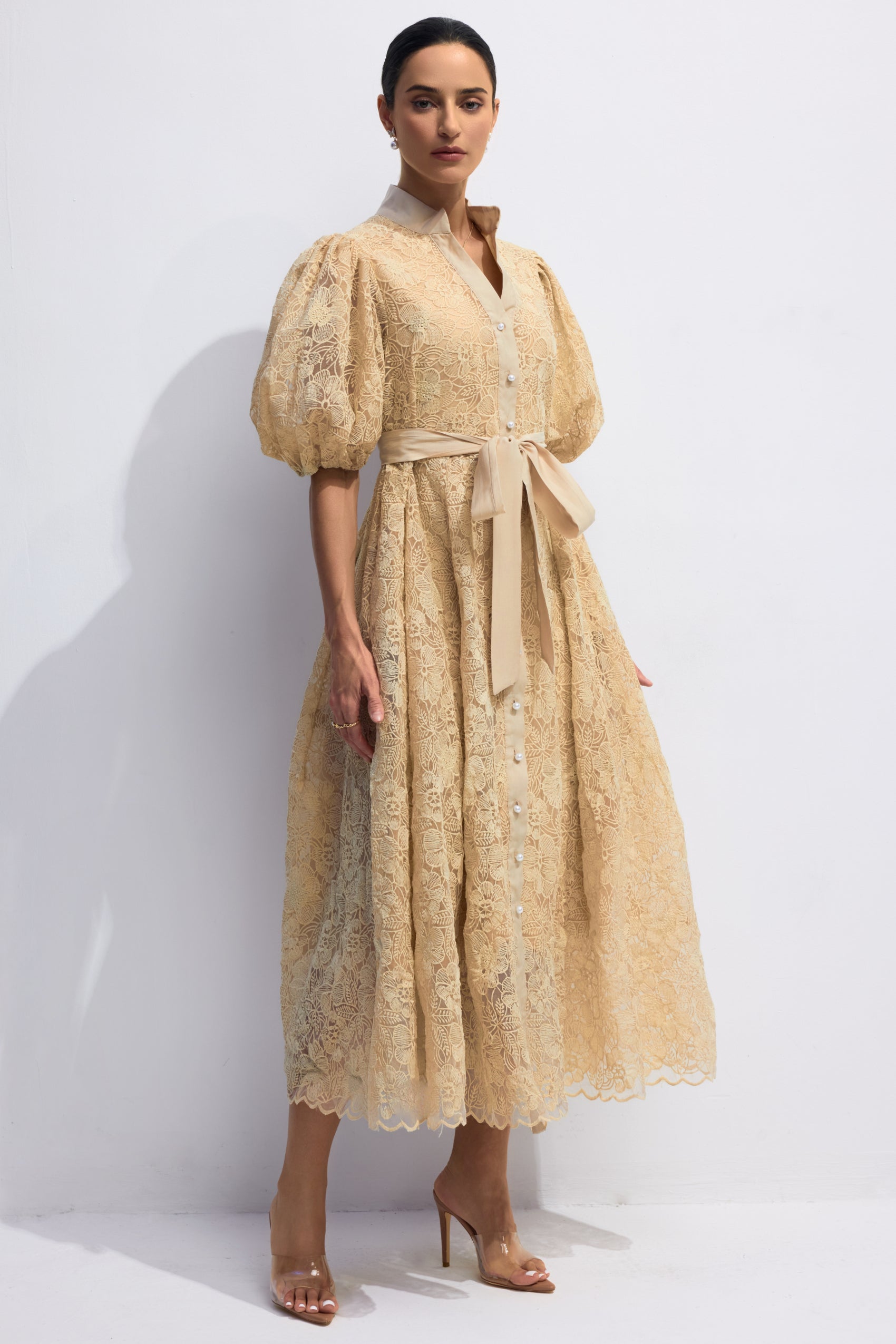 Elegant Diana Floral Embroidered Lace Belted Midi Dress
