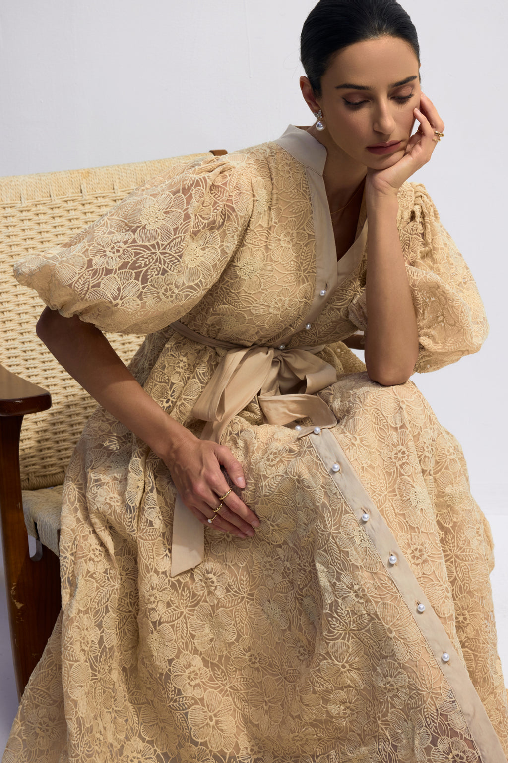 Elegant Diana Floral Embroidered Lace Belted Midi Dress