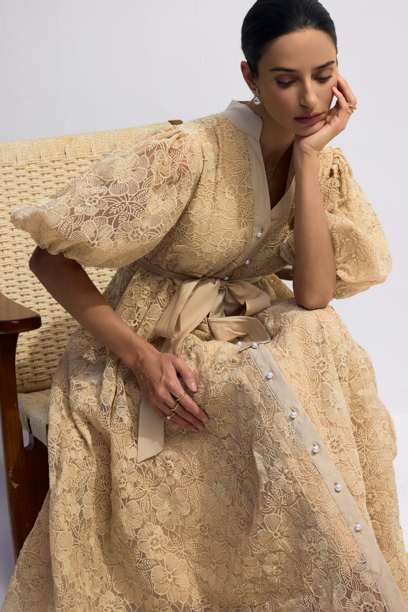 Elegant Diana Floral Embroidered Lace Belted Midi Dress