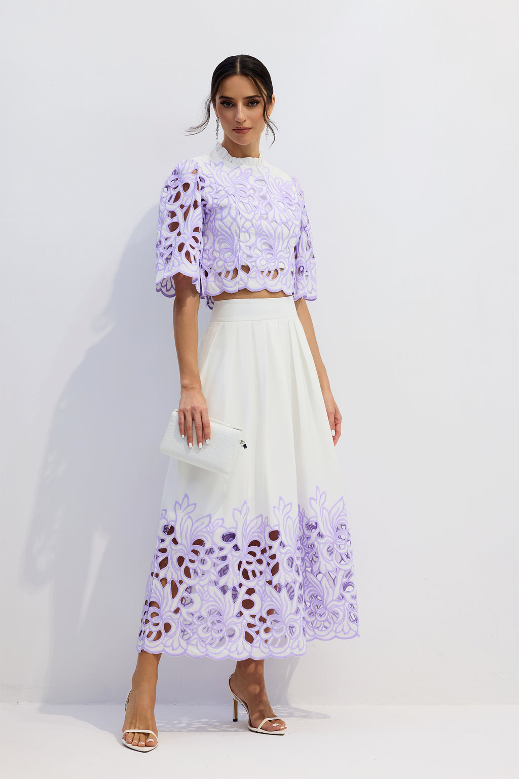 Elegant Floral Embroidered Two-Piece Set: Chic Puff Sleeve Crop Top & A-Line Skirt