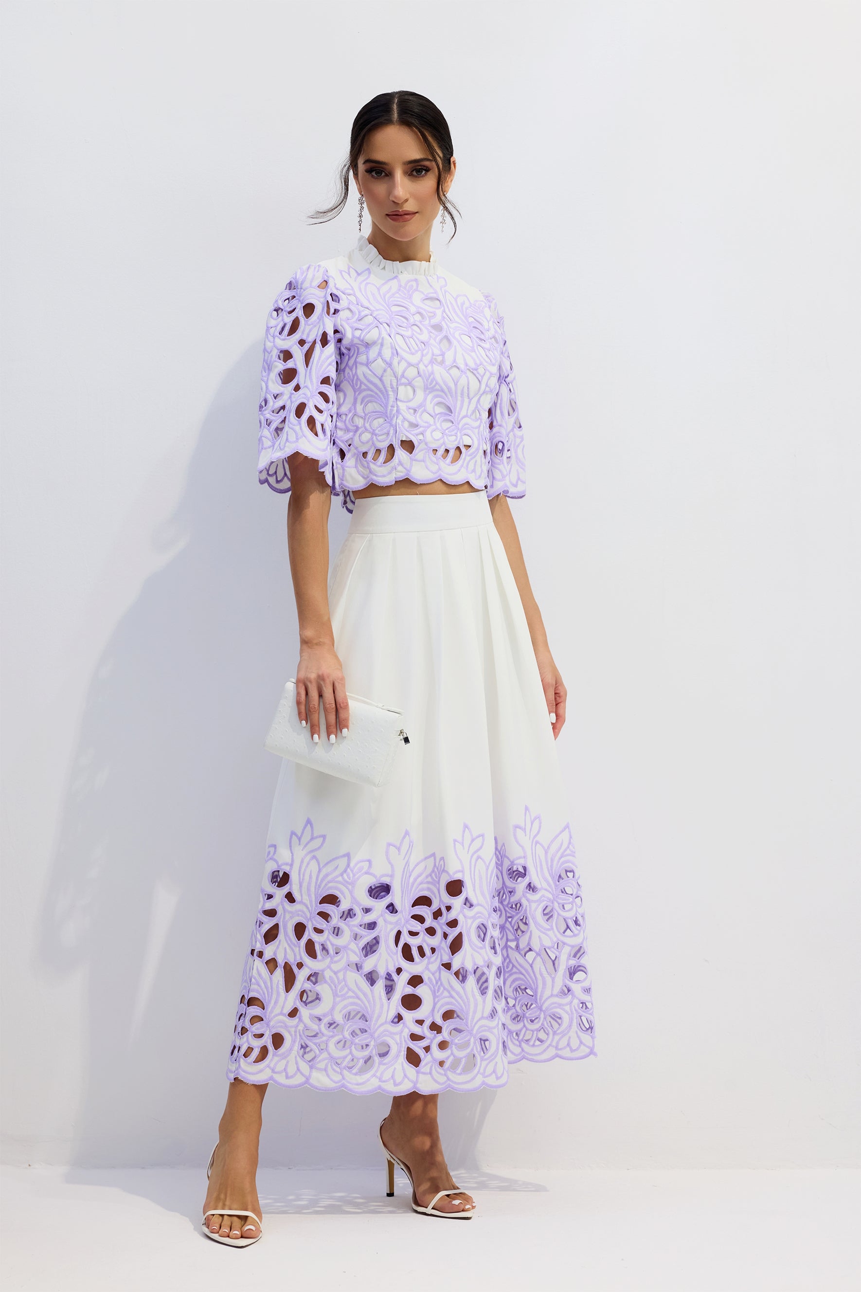Elegant Floral Embroidered Two-Piece Set: Chic Puff Sleeve Crop Top & A-Line Skirt