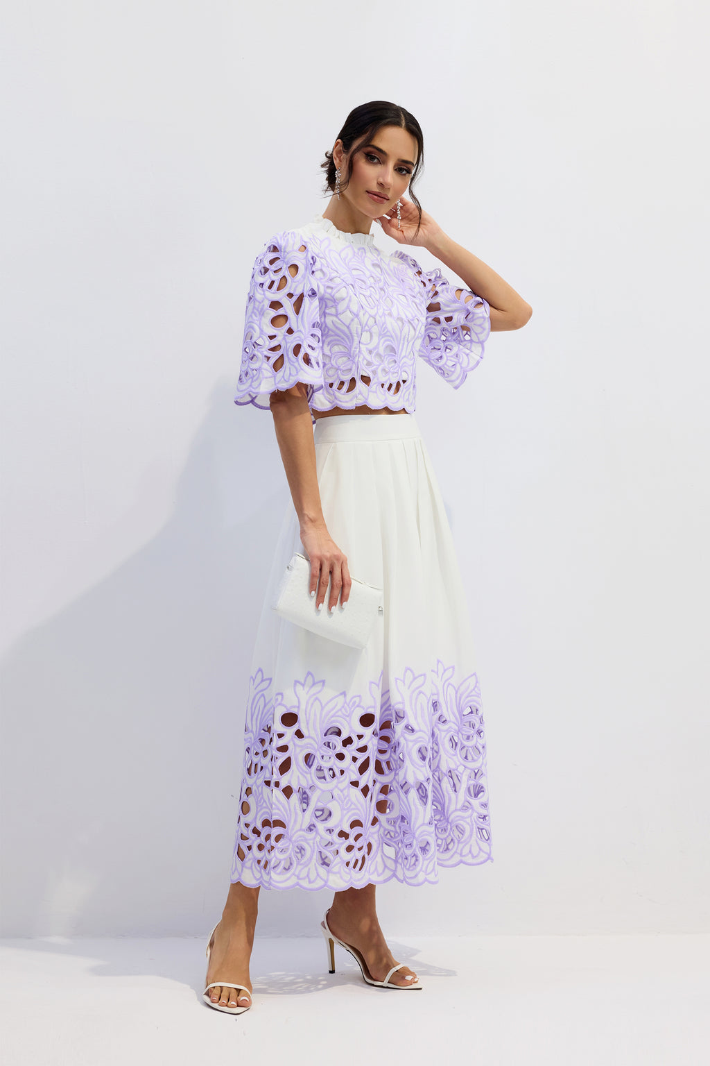 Elegant Floral Embroidered Two-Piece Set: Chic Puff Sleeve Crop Top & A-Line Skirt