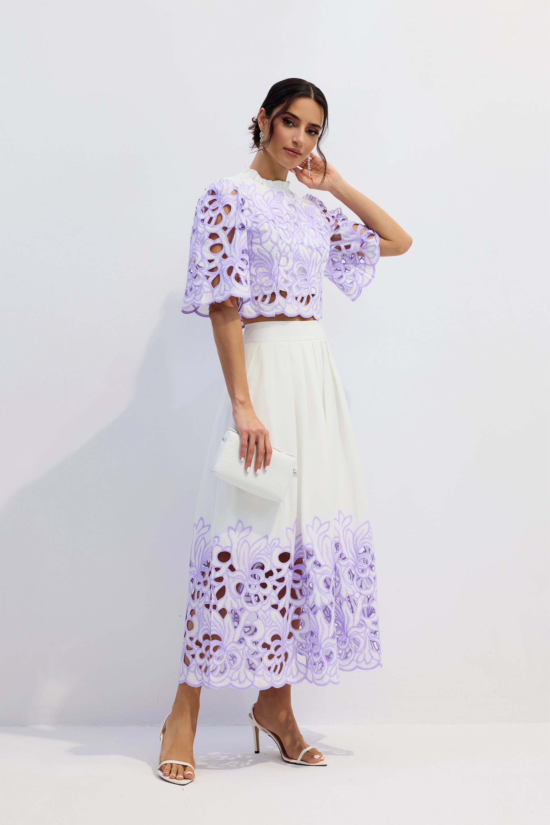 Elegant Floral Embroidered Two-Piece Set: Chic Puff Sleeve Crop Top & A-Line Skirt