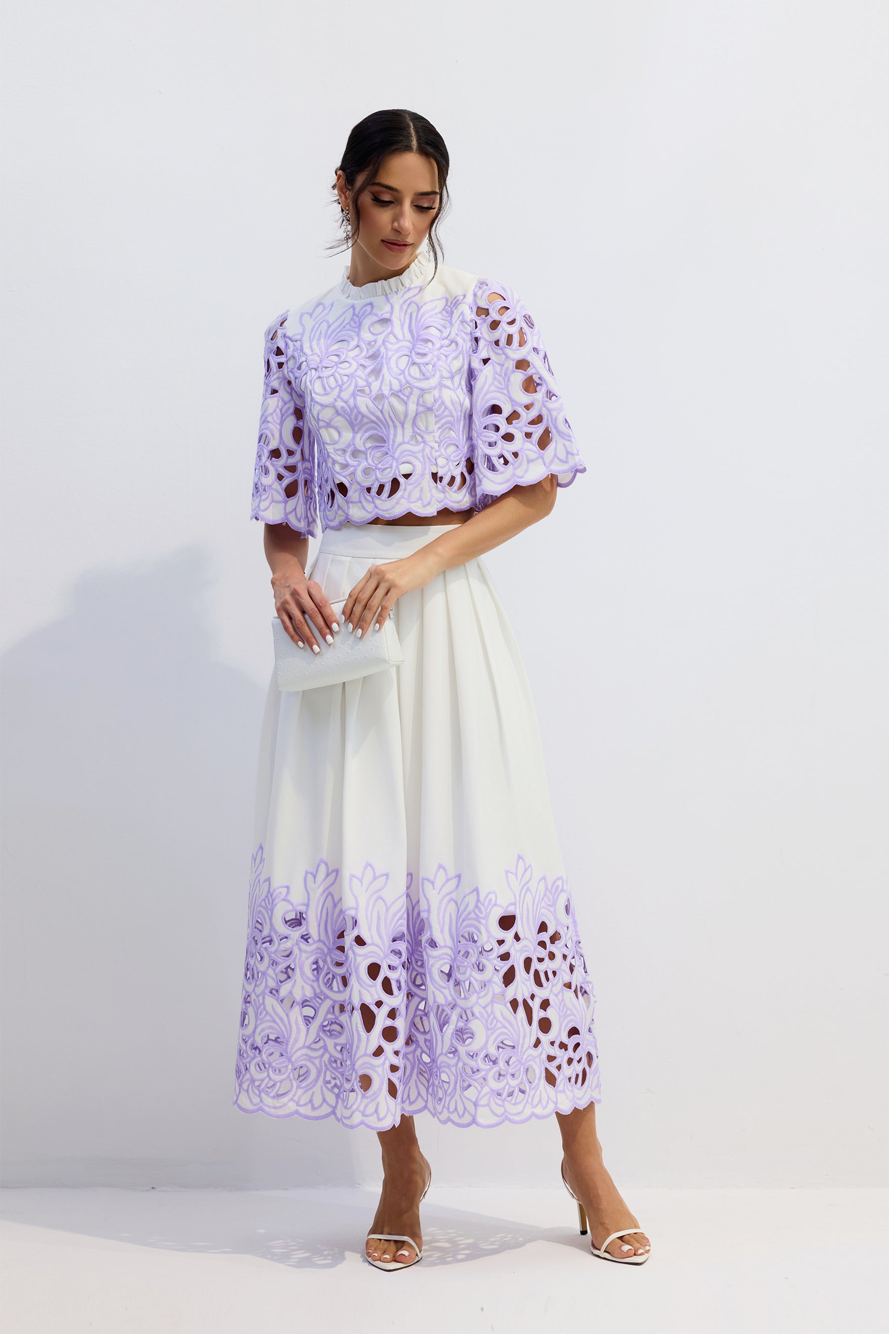Elegant Floral Embroidered Two-Piece Set: Chic Puff Sleeve Crop Top & A-Line Skirt