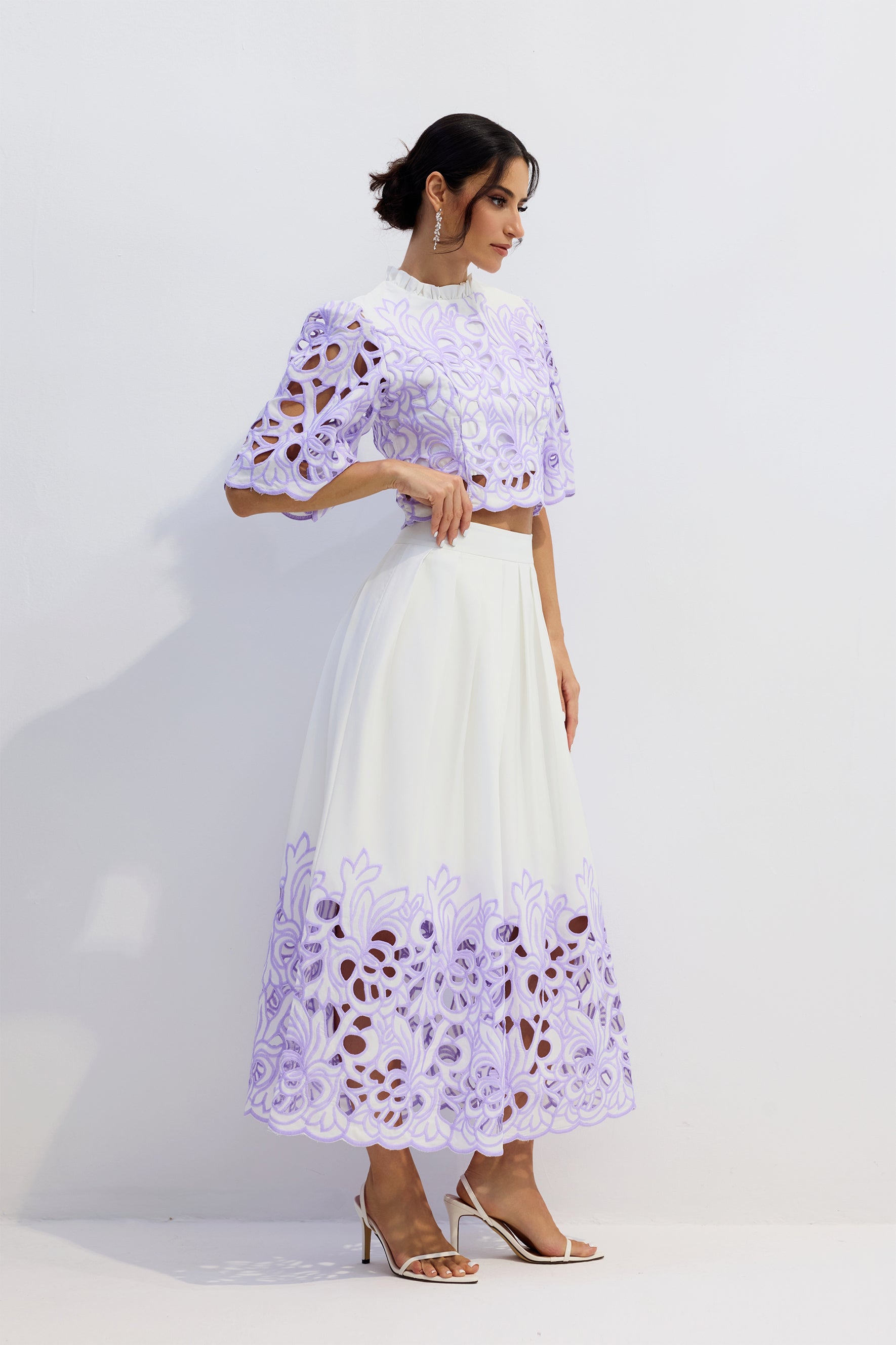 Elegant Floral Embroidered Two-Piece Set: Chic Puff Sleeve Crop Top & A-Line Skirt
