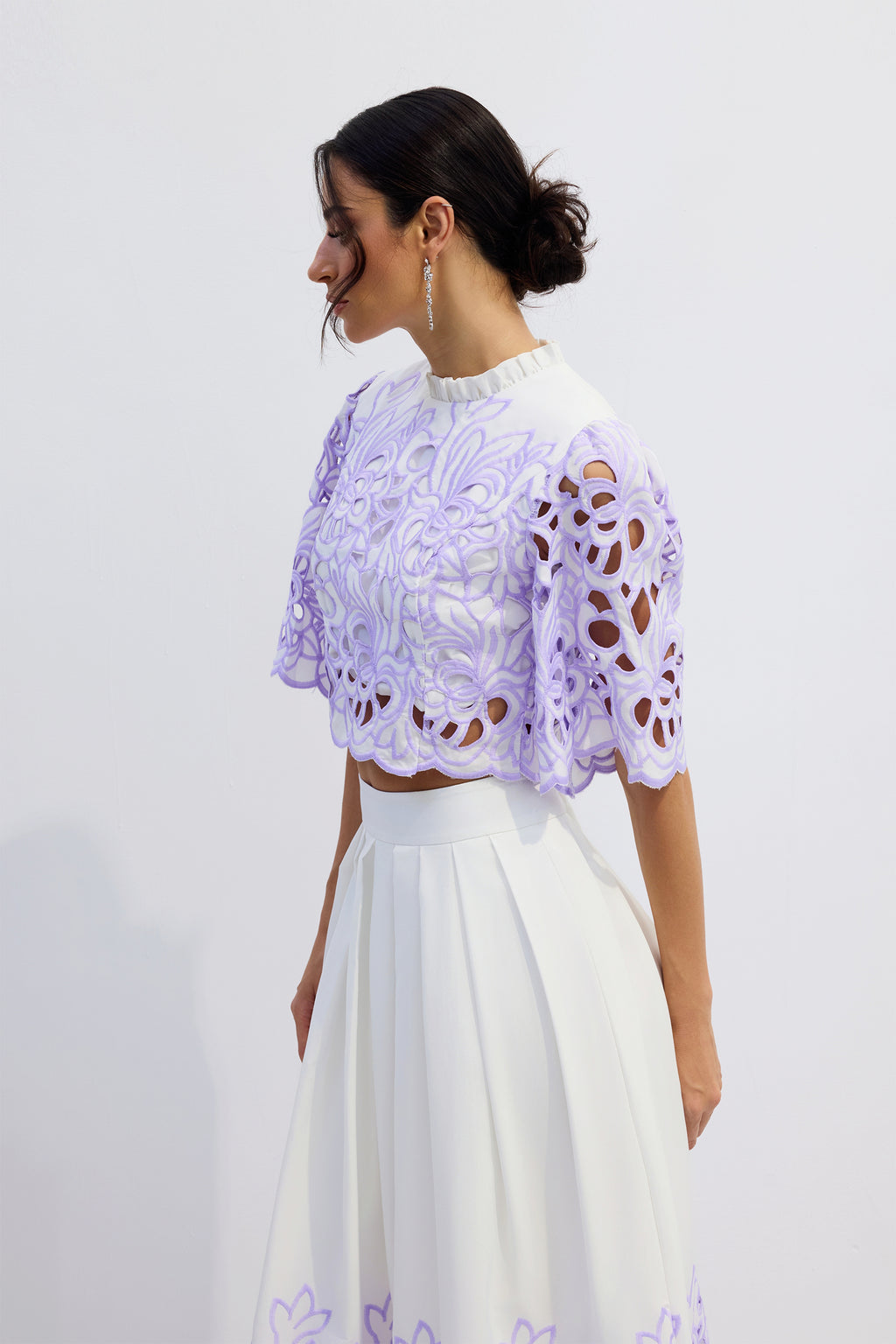 Elegant Floral Embroidered Two-Piece Set: Chic Puff Sleeve Crop Top & A-Line Skirt