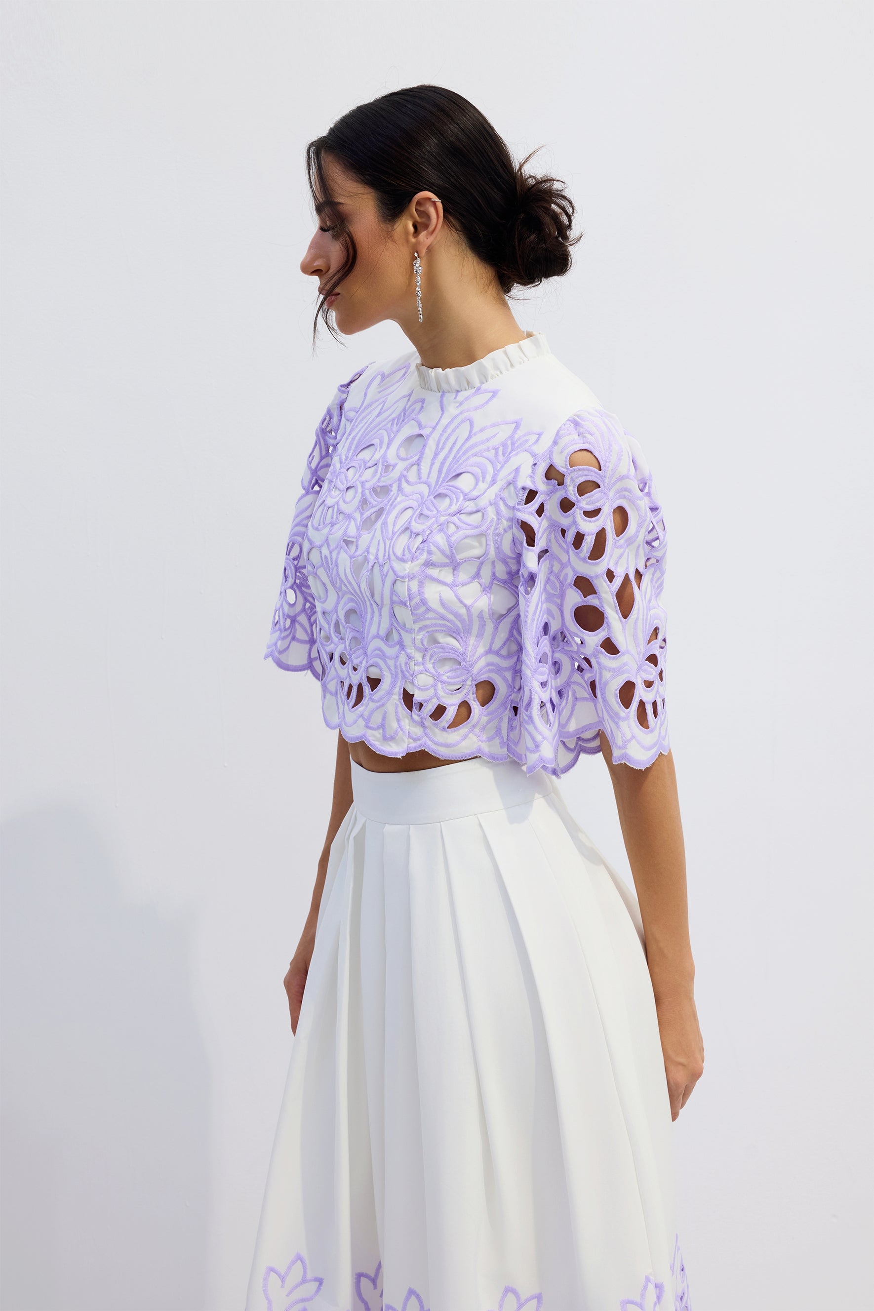 Elegant Floral Embroidered Two-Piece Set: Chic Puff Sleeve Crop Top & A-Line Skirt