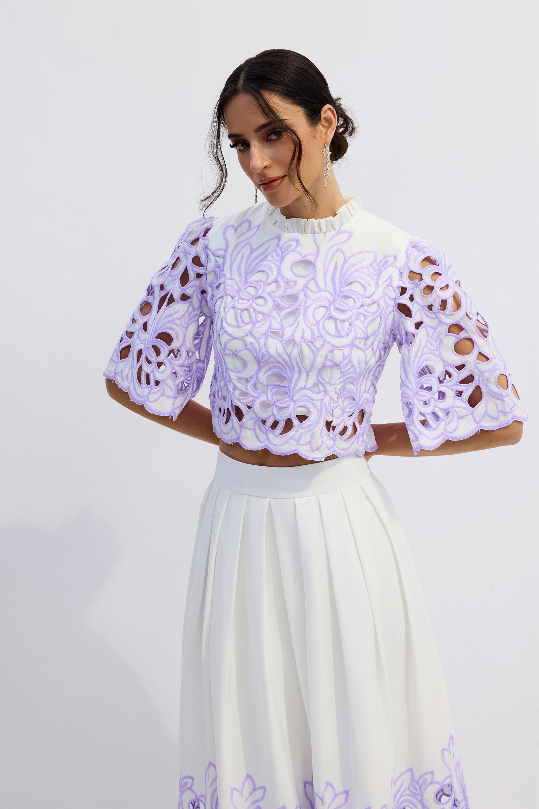 Elegant Floral Embroidered Two-Piece Set: Chic Puff Sleeve Crop Top & A-Line Skirt