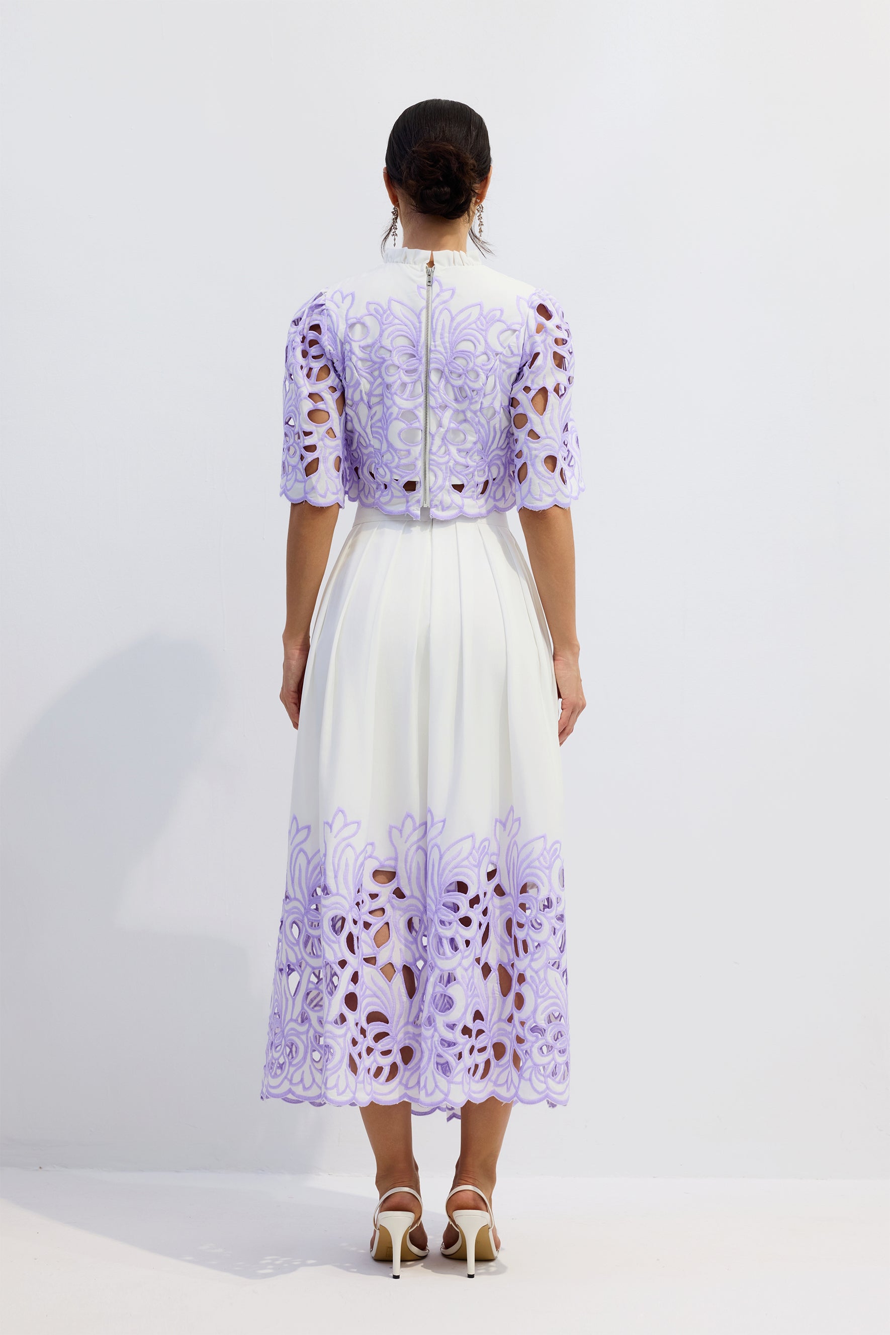 Elegant Floral Embroidered Two-Piece Set: Chic Puff Sleeve Crop Top & A-Line Skirt