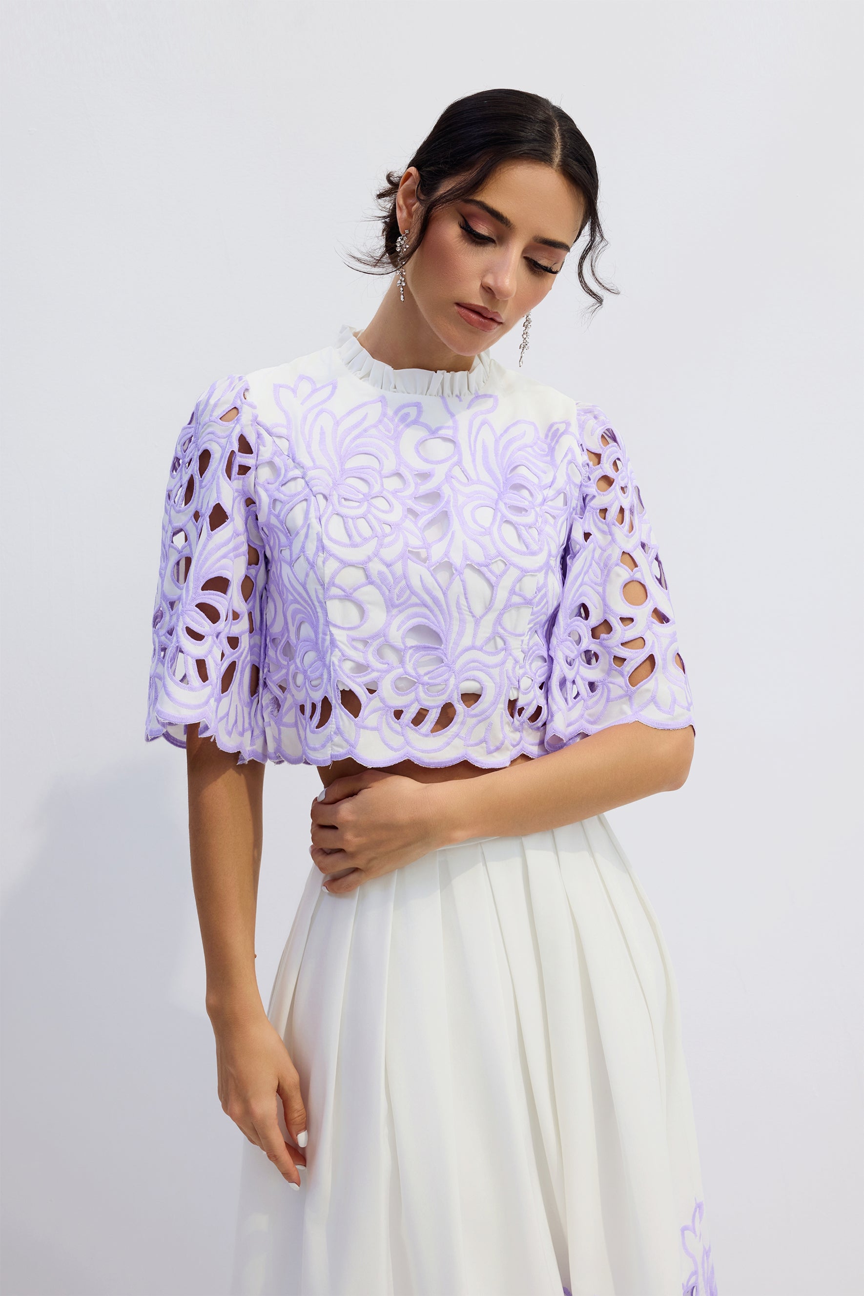 Elegant Floral Embroidered Two-Piece Set: Chic Puff Sleeve Crop Top & A-Line Skirt