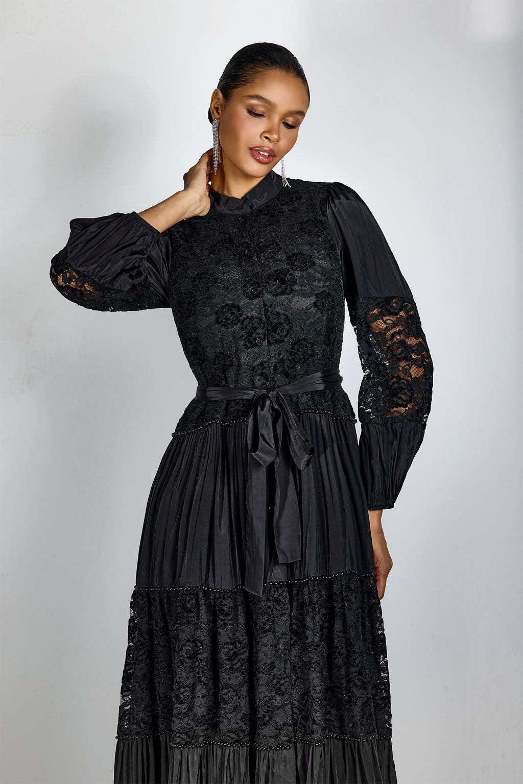 Elegant Black Lace Panel Long Sleeve Midi Dress with High Neck