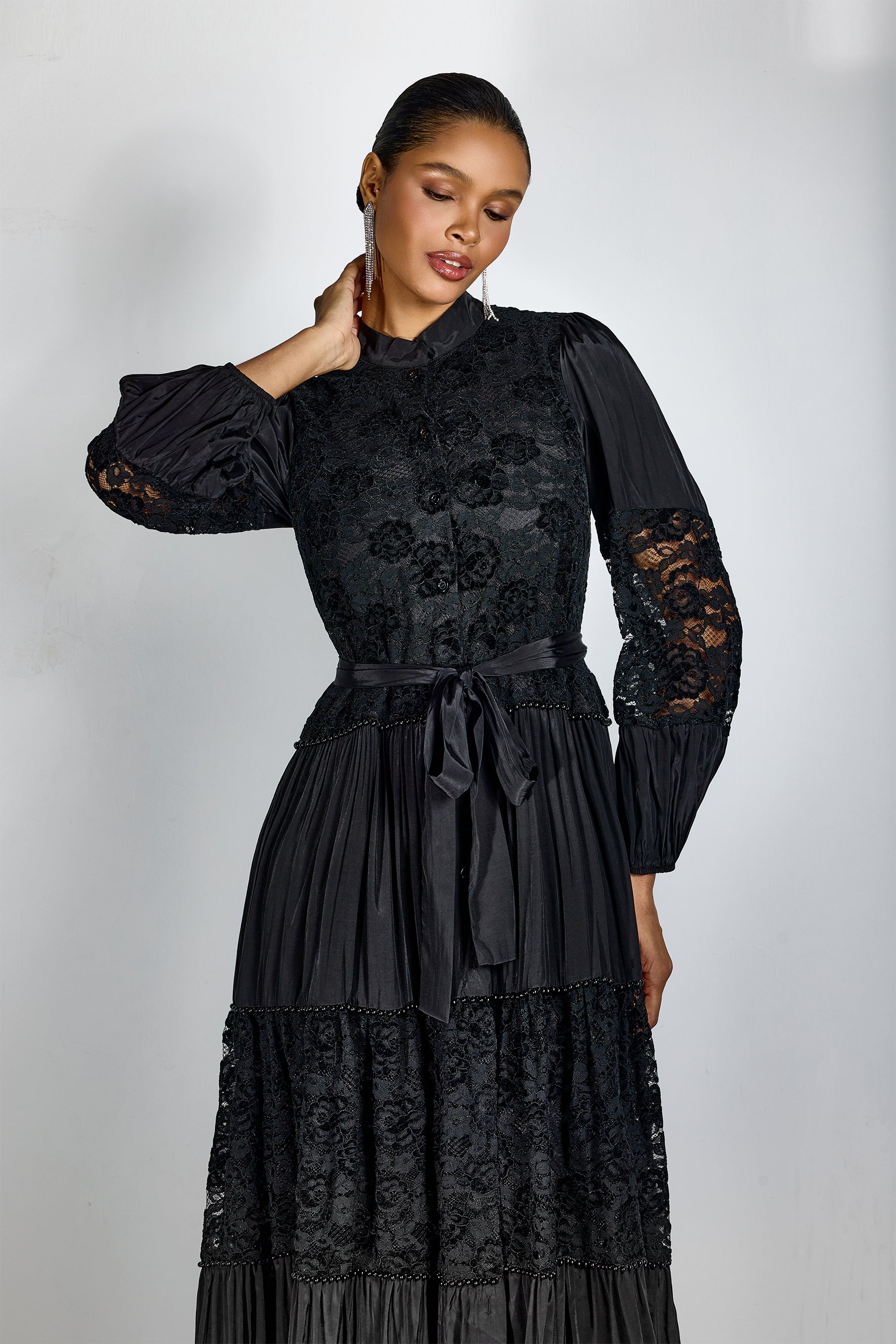Elegant Black Lace Panel Long Sleeve Midi Dress with High Neck