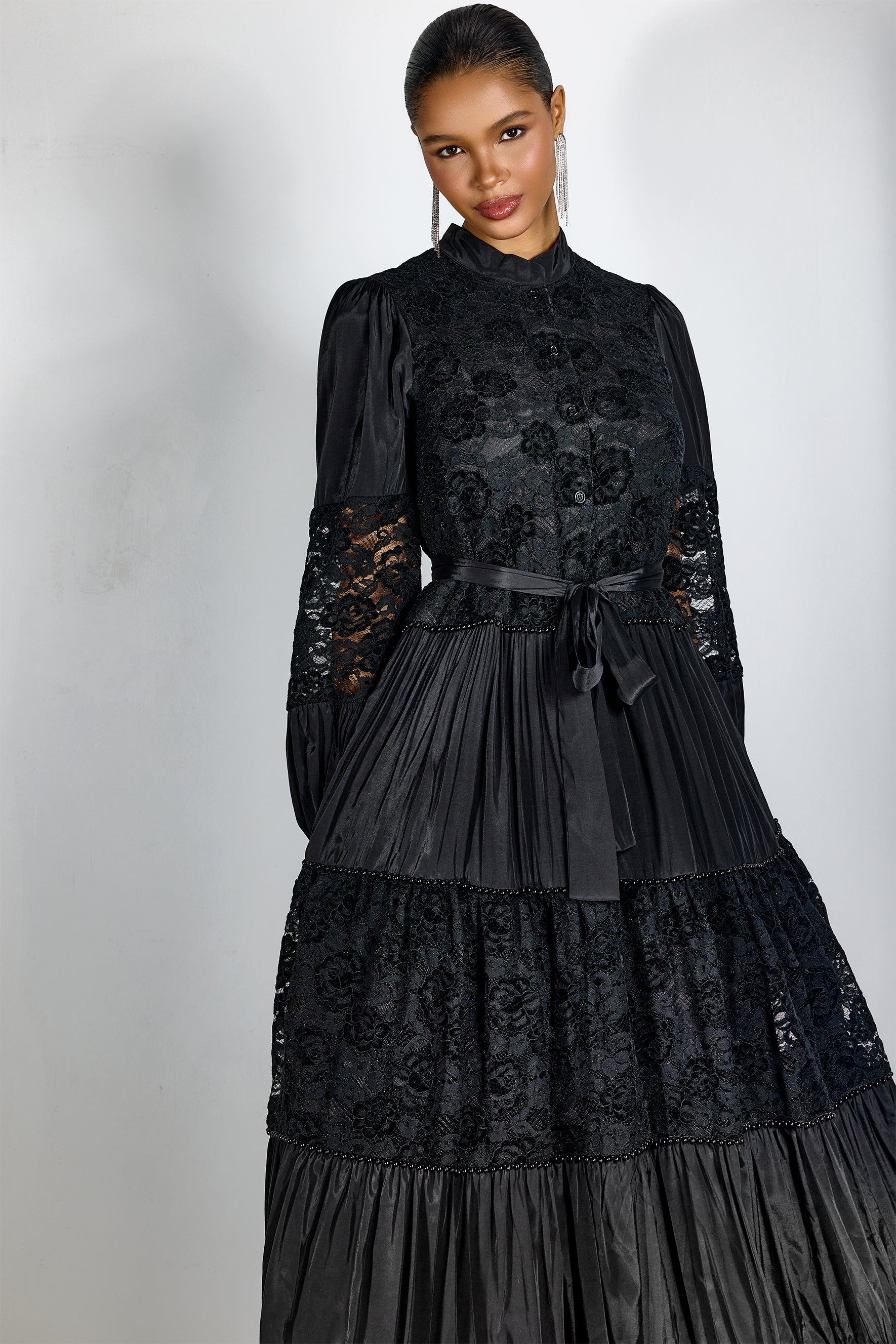 Elegant Black Lace Panel Long Sleeve Midi Dress with High Neck