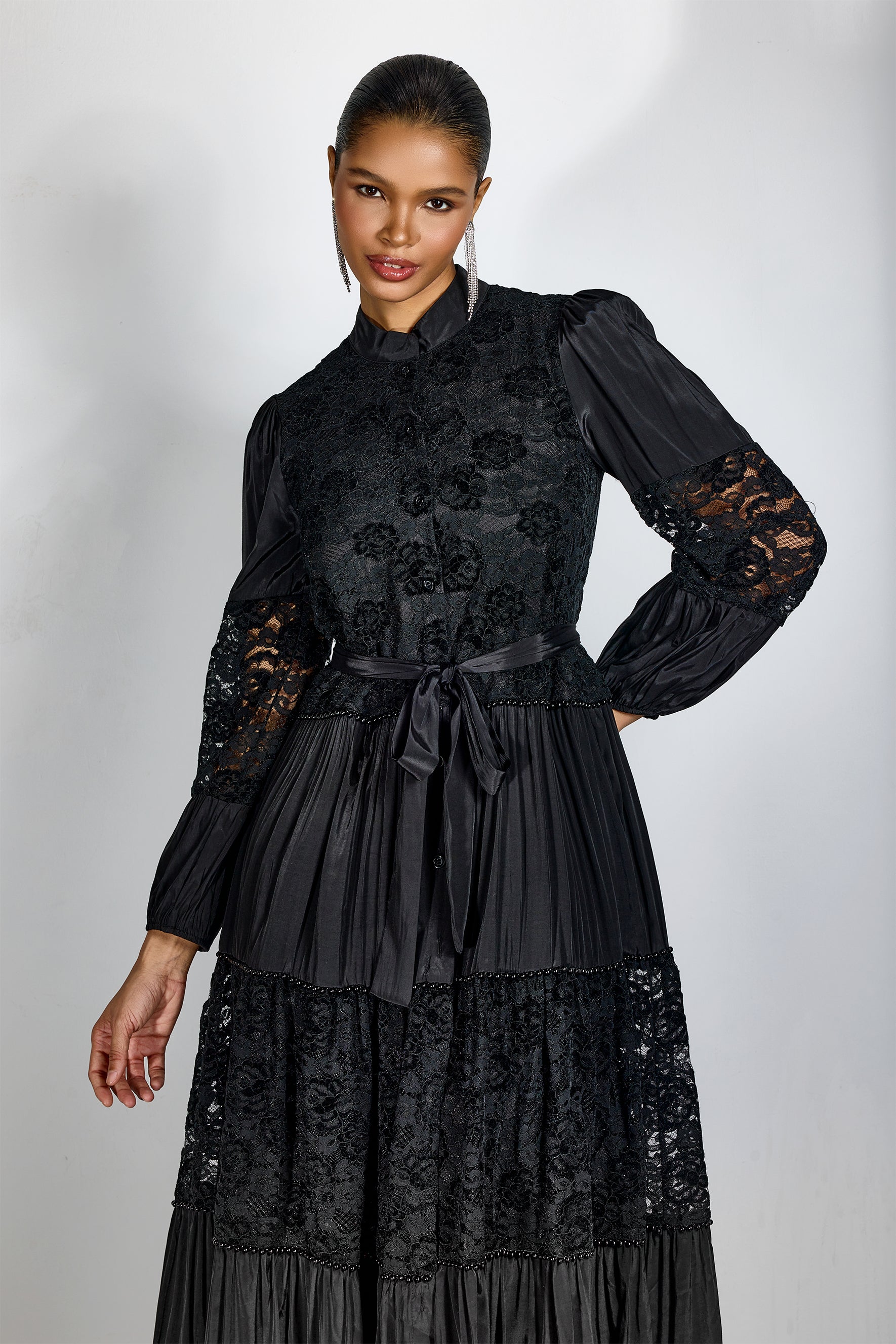 Elegant Black Lace Panel Long Sleeve Midi Dress with High Neck