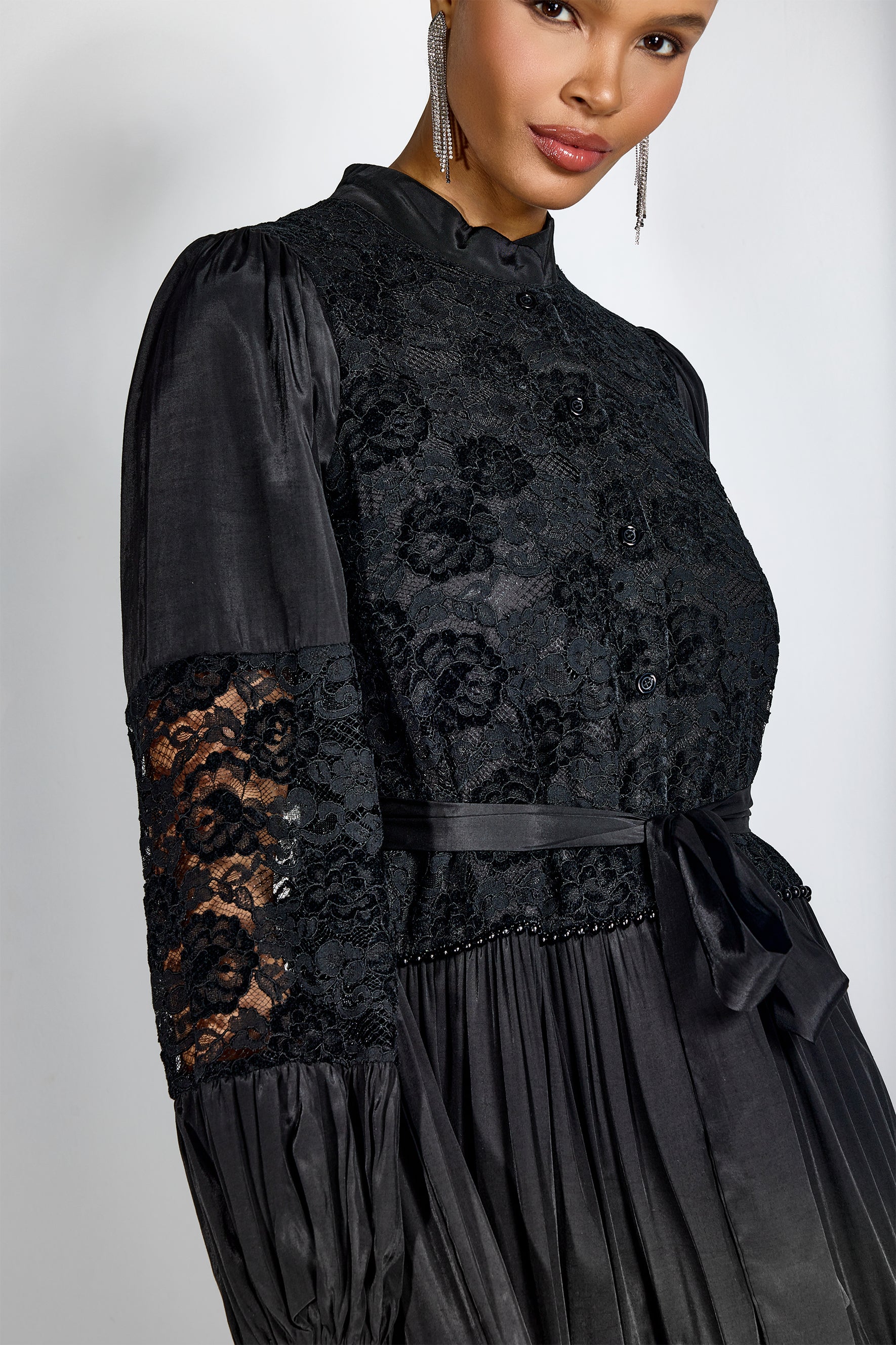 Elegant Black Lace Panel Long Sleeve Midi Dress with High Neck
