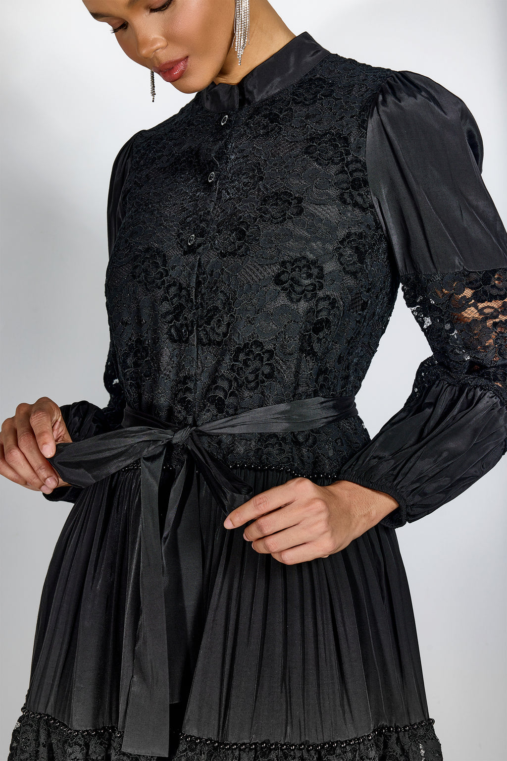 Elegant Black Lace Panel Long Sleeve Midi Dress with High Neck