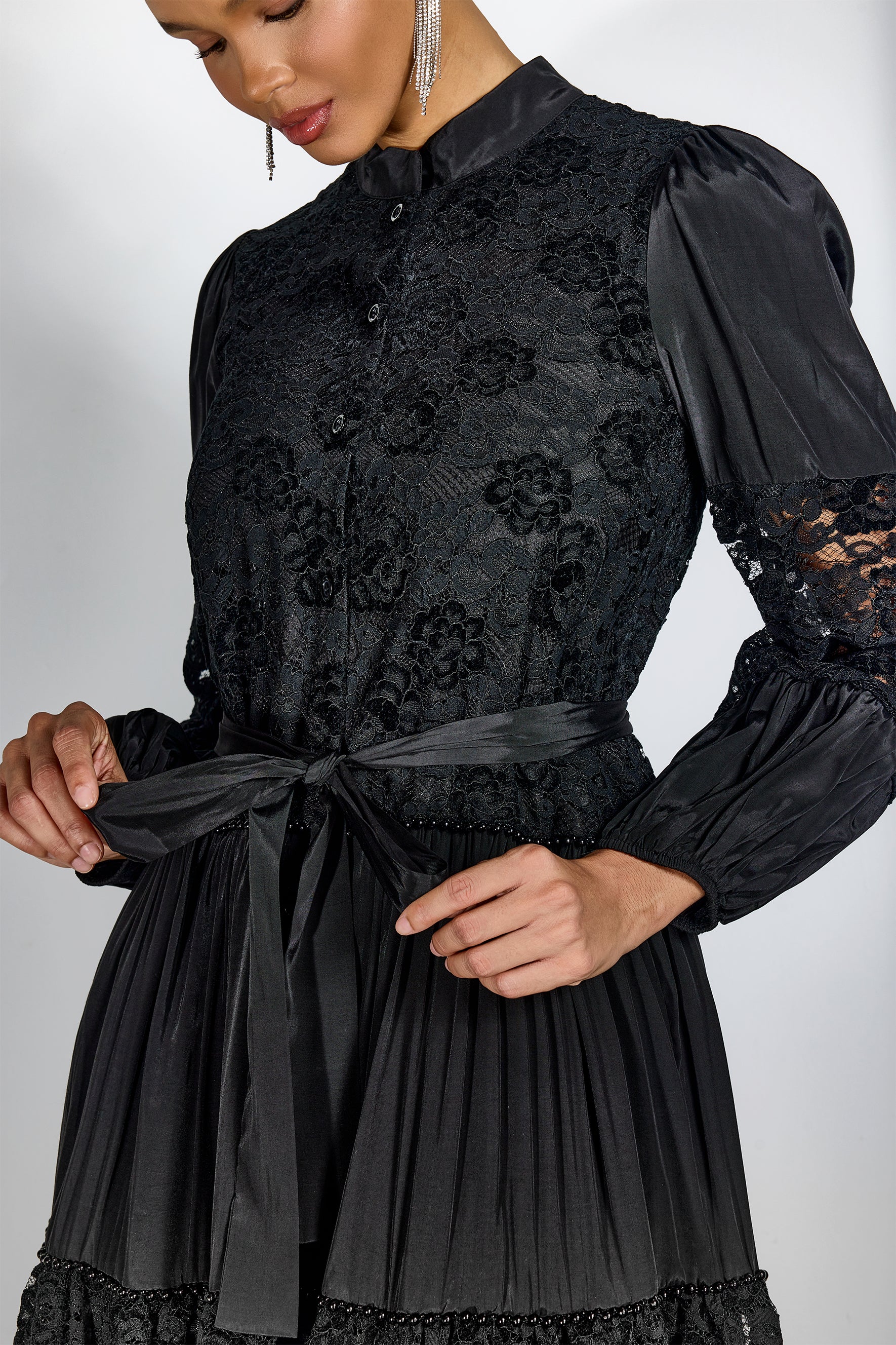 Elegant Black Lace Panel Long Sleeve Midi Dress with High Neck