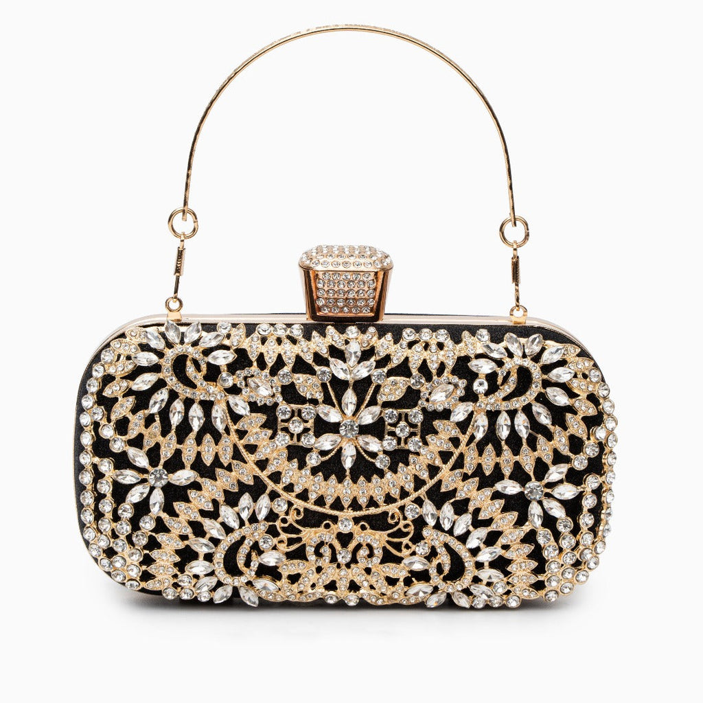 Elegant Gold Metallic Flower Clutch with Rhinestone Detailing