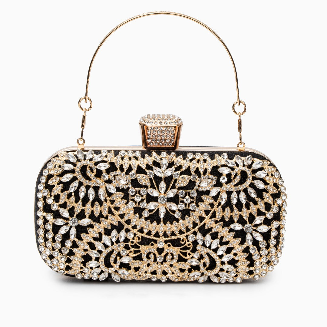 Elegant Gold Metallic Flower Clutch with Rhinestone Detailing