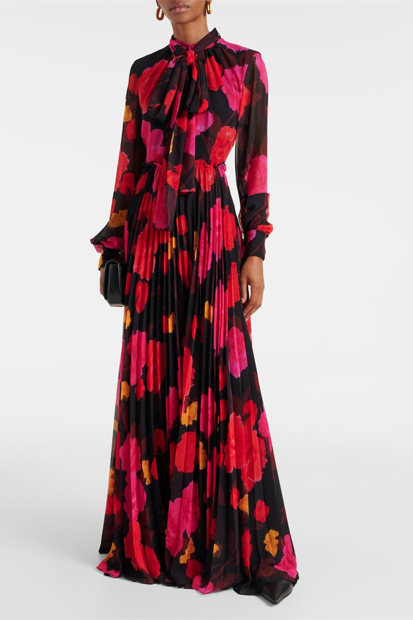 Adela Floral Printed Long Sleeve Maxi Dress with Detachable Scarf