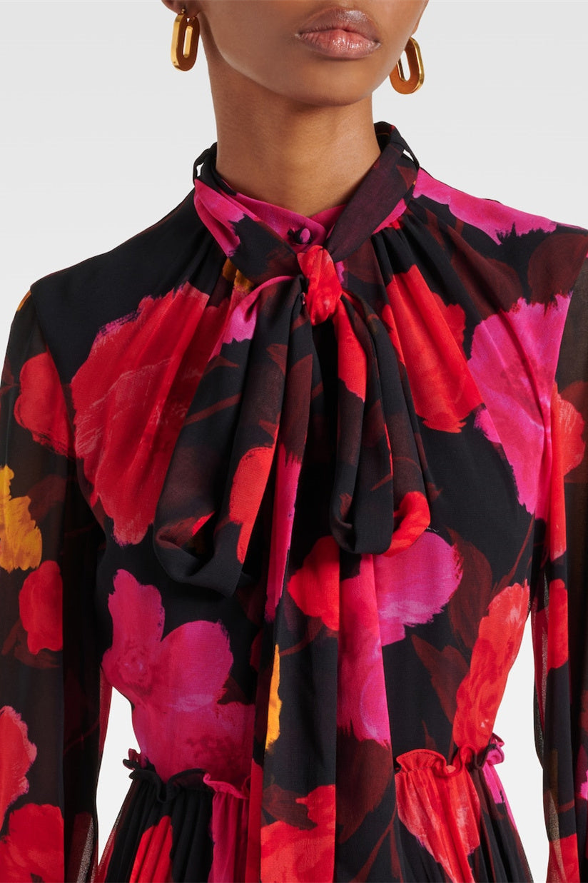 Adela Floral Printed Long Sleeve Maxi Dress with Detachable Scarf