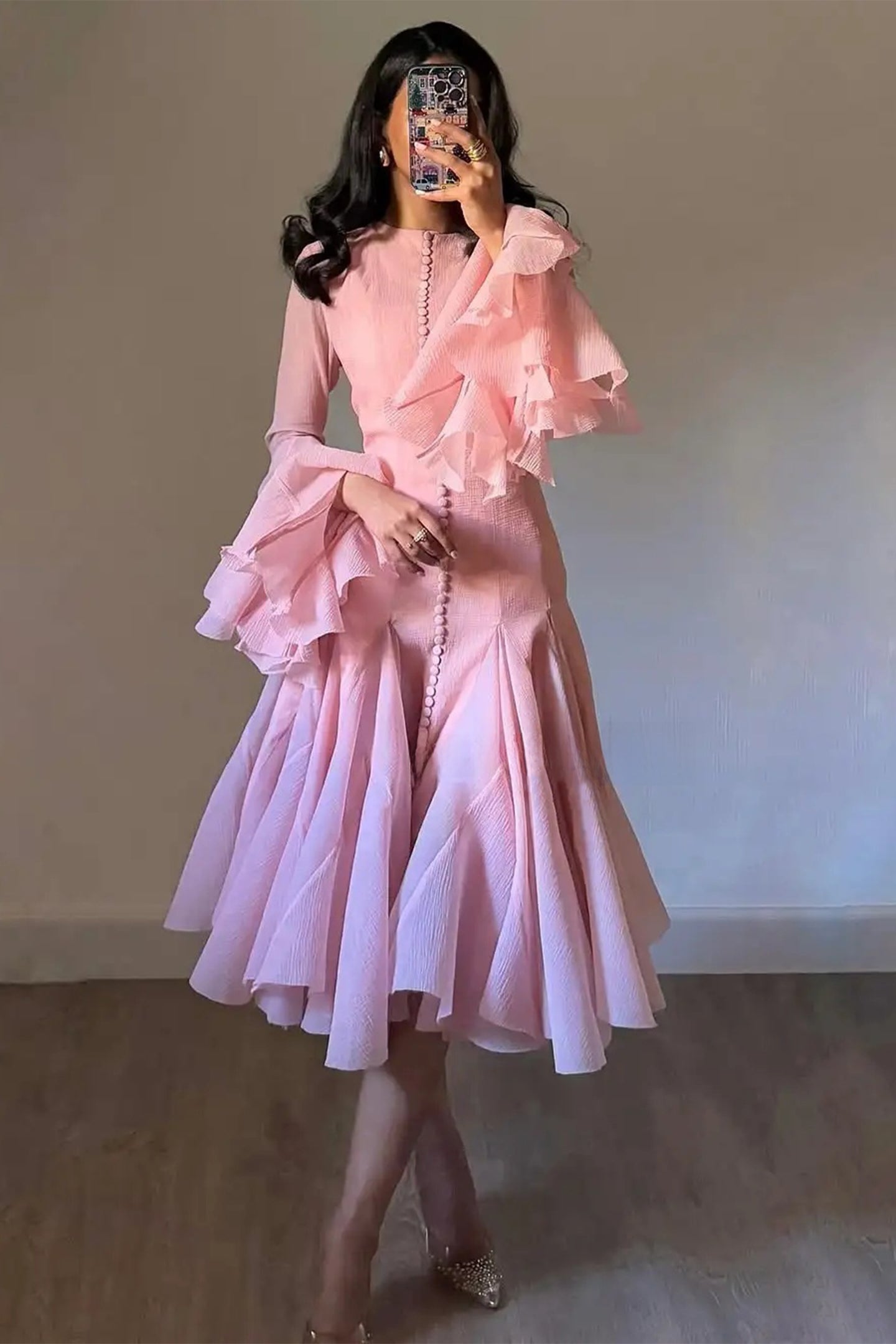 Gloria Elegant Long Sleeve Flared Hem Midi Dress for Fall Events