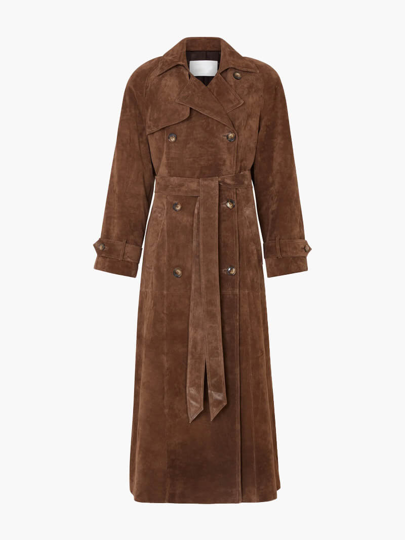 Brown Faux Suede Belted Trench Coat – Chic Autumn Essential