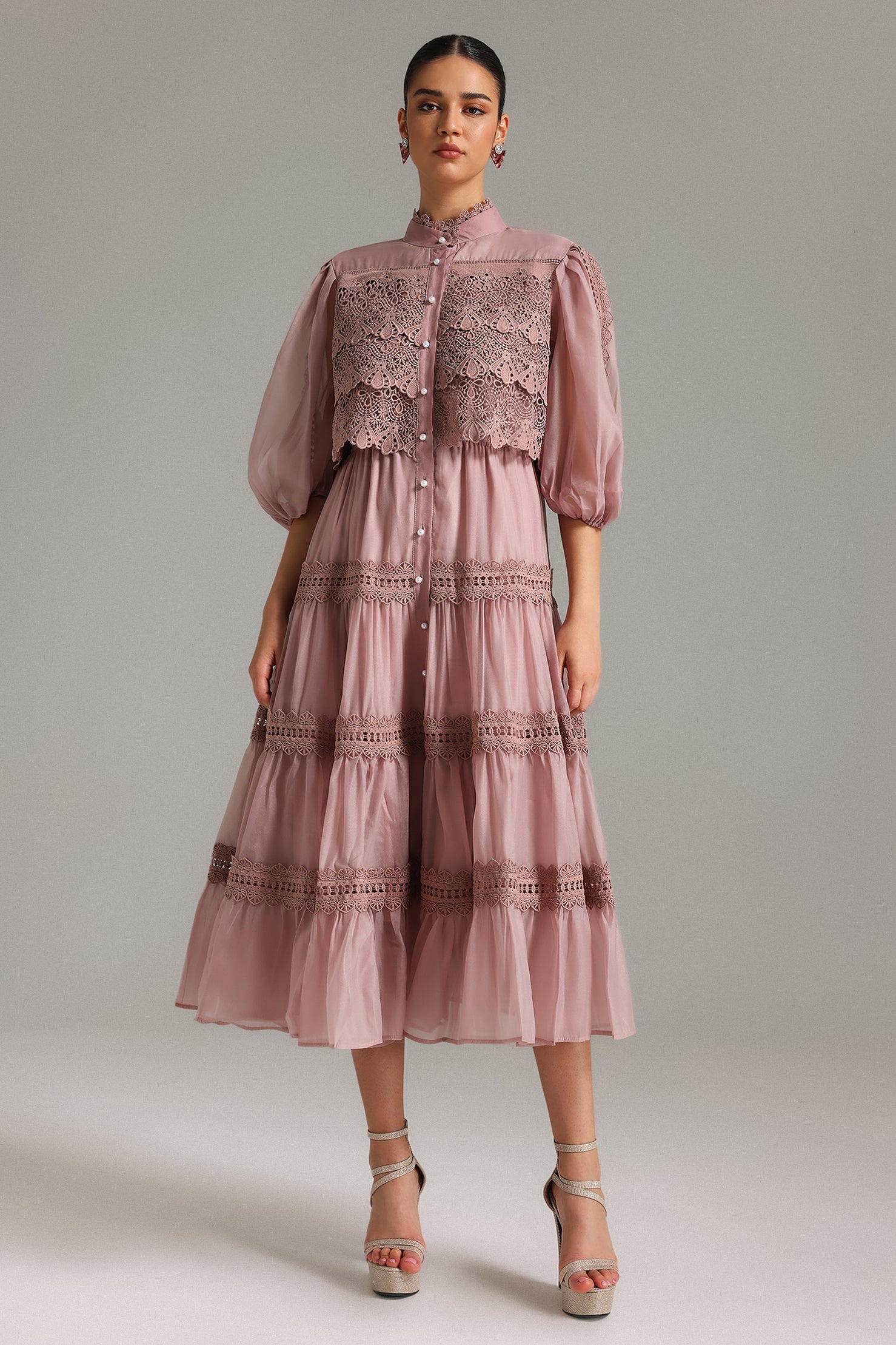 Elegant Verza Puff Sleeve Lace Midi Dress - Chic, Comfortable Polyester Design
