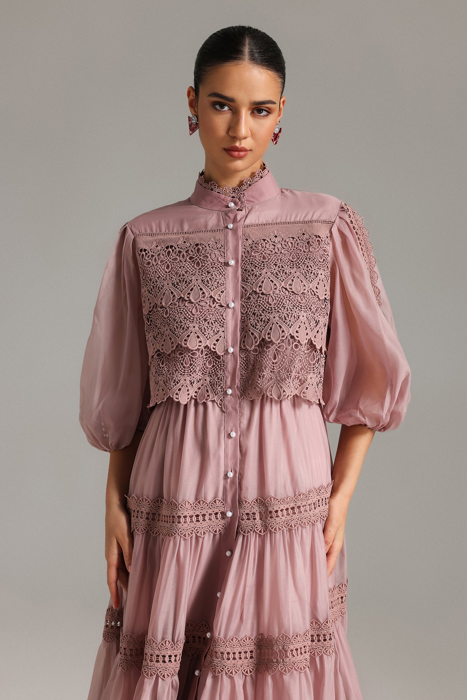 Elegant Verza Puff Sleeve Lace Midi Dress - Chic, Comfortable Polyester Design