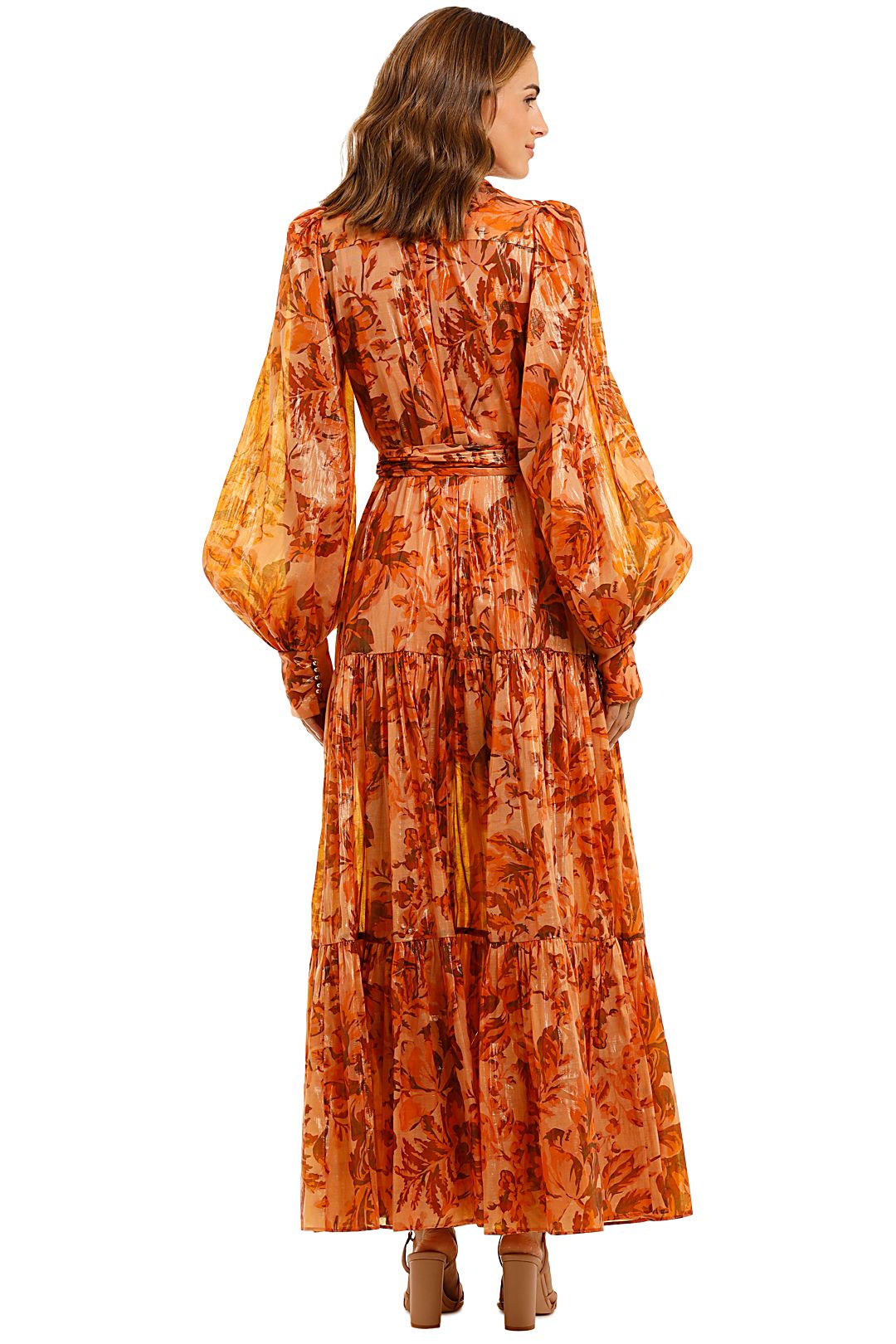 Acler Naples Orange Floral Maxi Dress with Exaggerated Balloon Sleeves