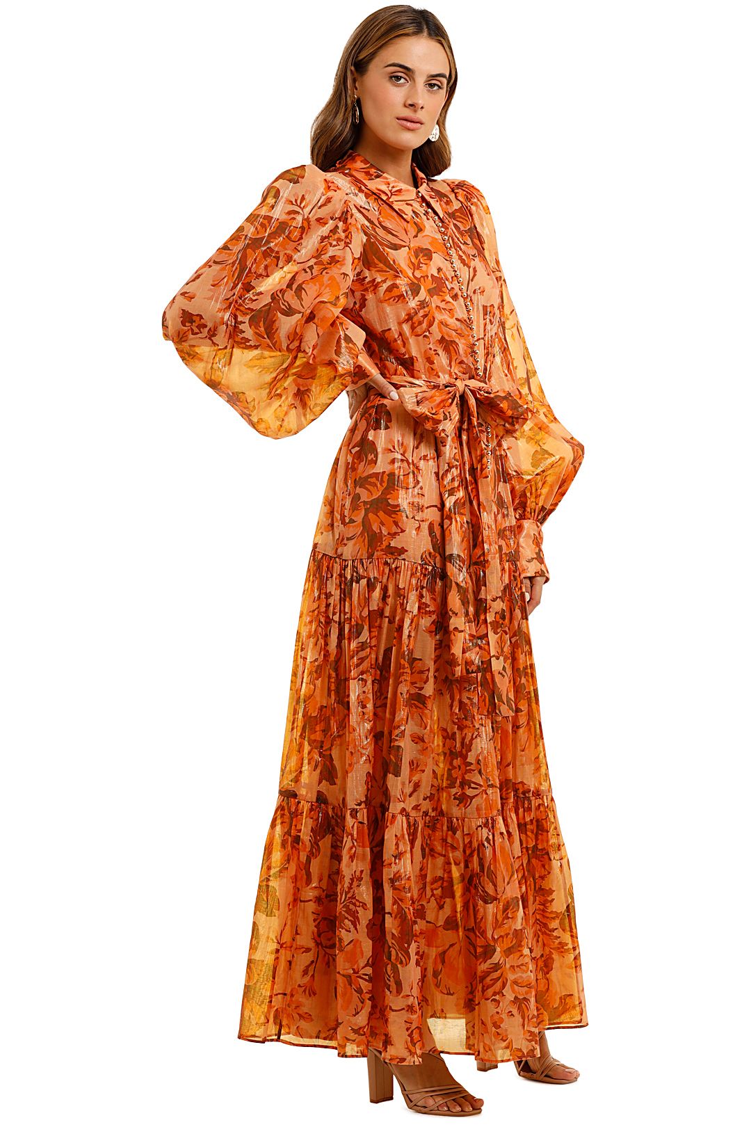 Acler Naples Orange Floral Maxi Dress with Exaggerated Balloon Sleeves