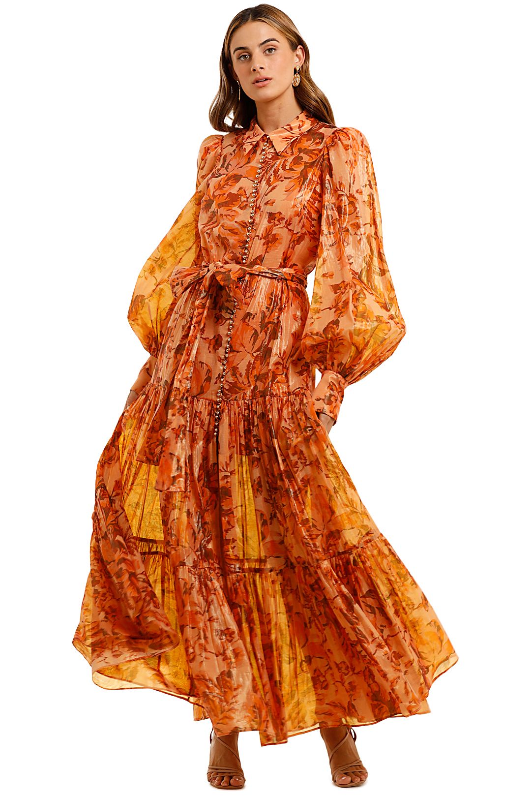 Acler Naples Orange Floral Maxi Dress with Exaggerated Balloon Sleeves
