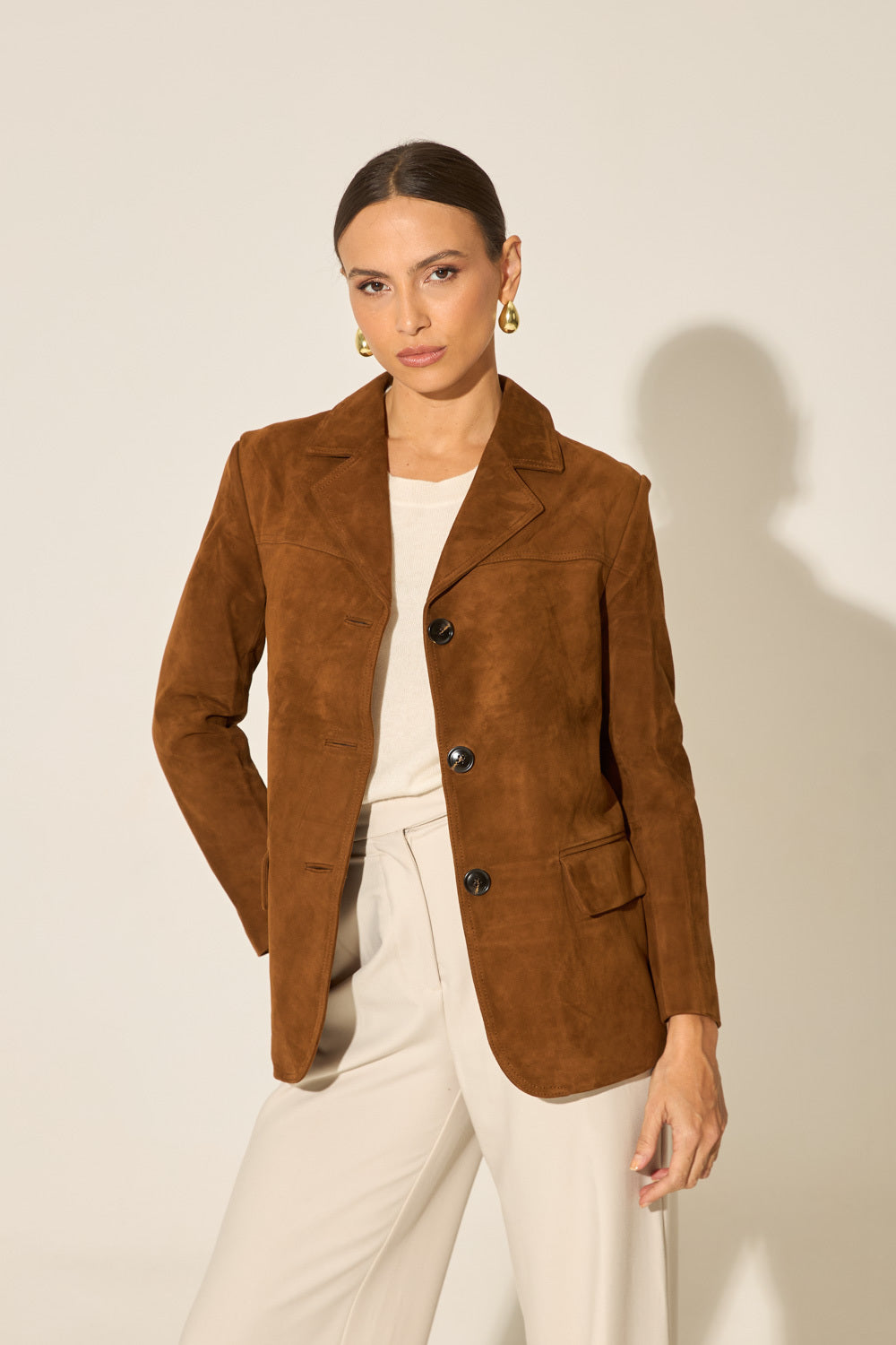 Women's Luxurious Caramel Suede Blazer - Fully Lined, Classic Straight Fit