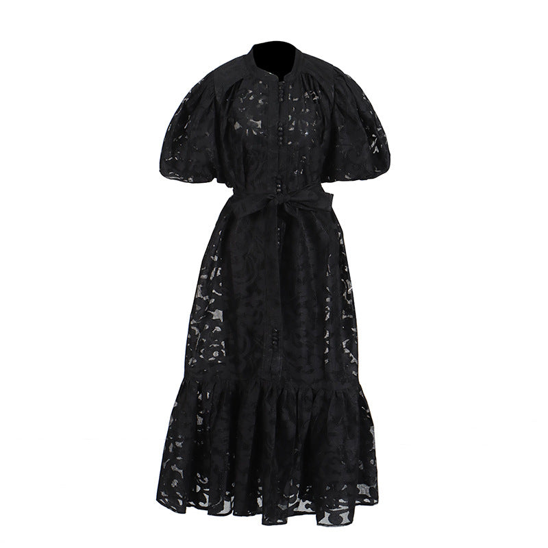 Persephone Puff Sleeve Maxi Dress - Elegant Lace Overlay & Tiered Hem