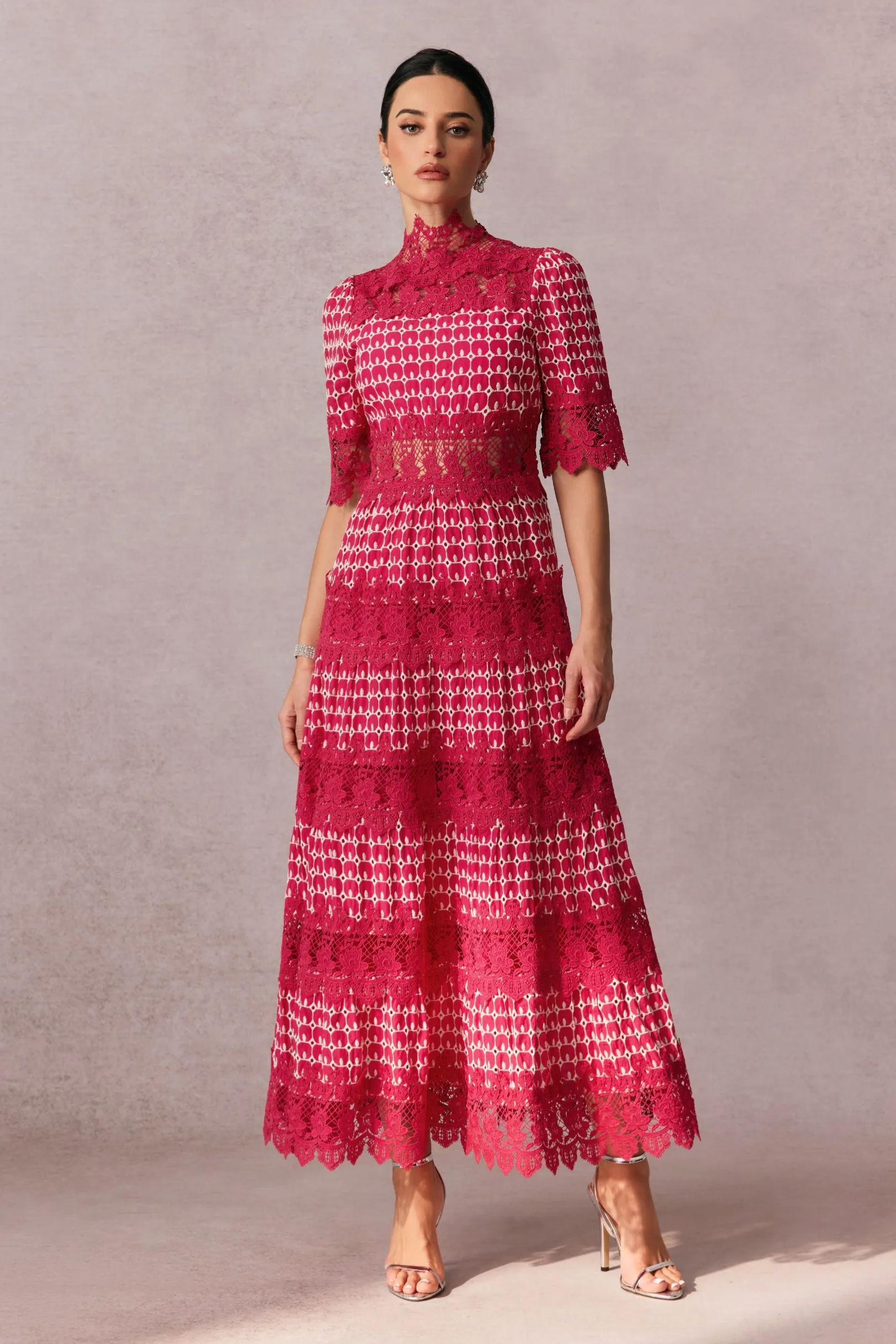 Elegant Sabrina Embroidered Lace Short Sleeve Midi Dress for Women