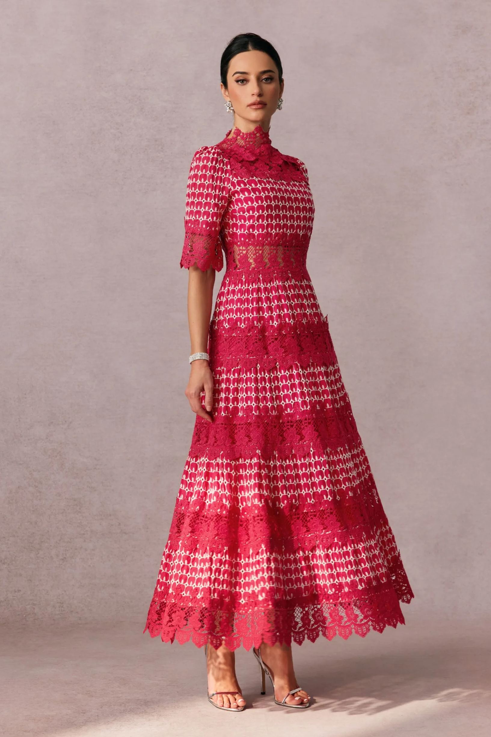 Elegant Sabrina Embroidered Lace Short Sleeve Midi Dress for Women