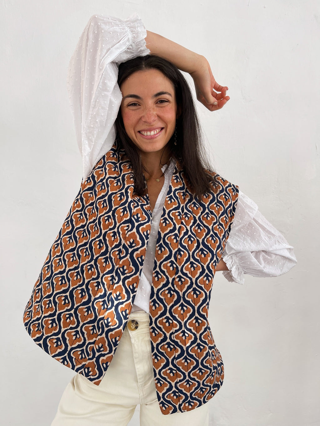 Stylish Lúa Beige Printed Cotton Vest for Women - Versatile Layering Fashion
