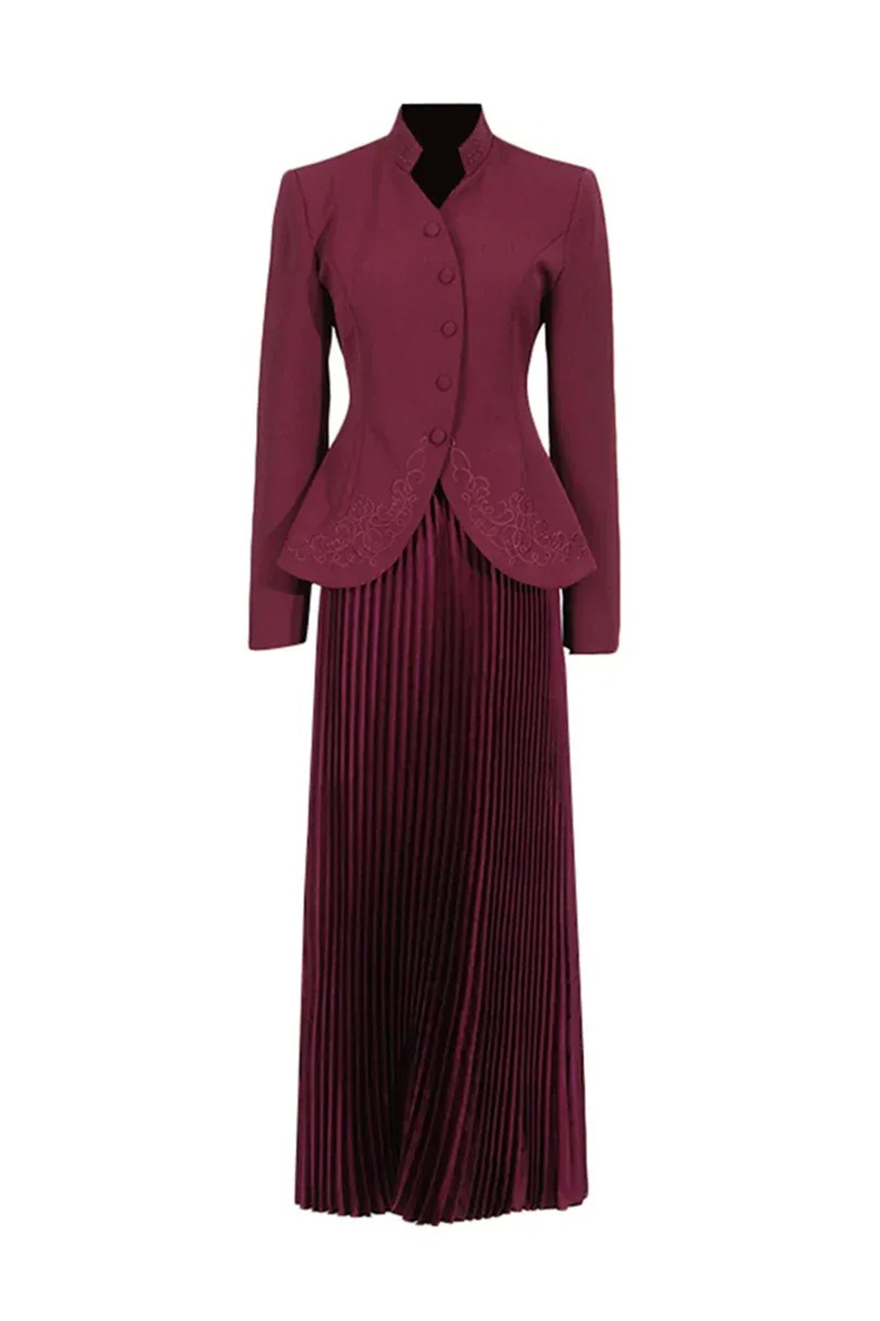 Elegant White Embroidered Blazer & Pleated Midi Skirt Set for Women
