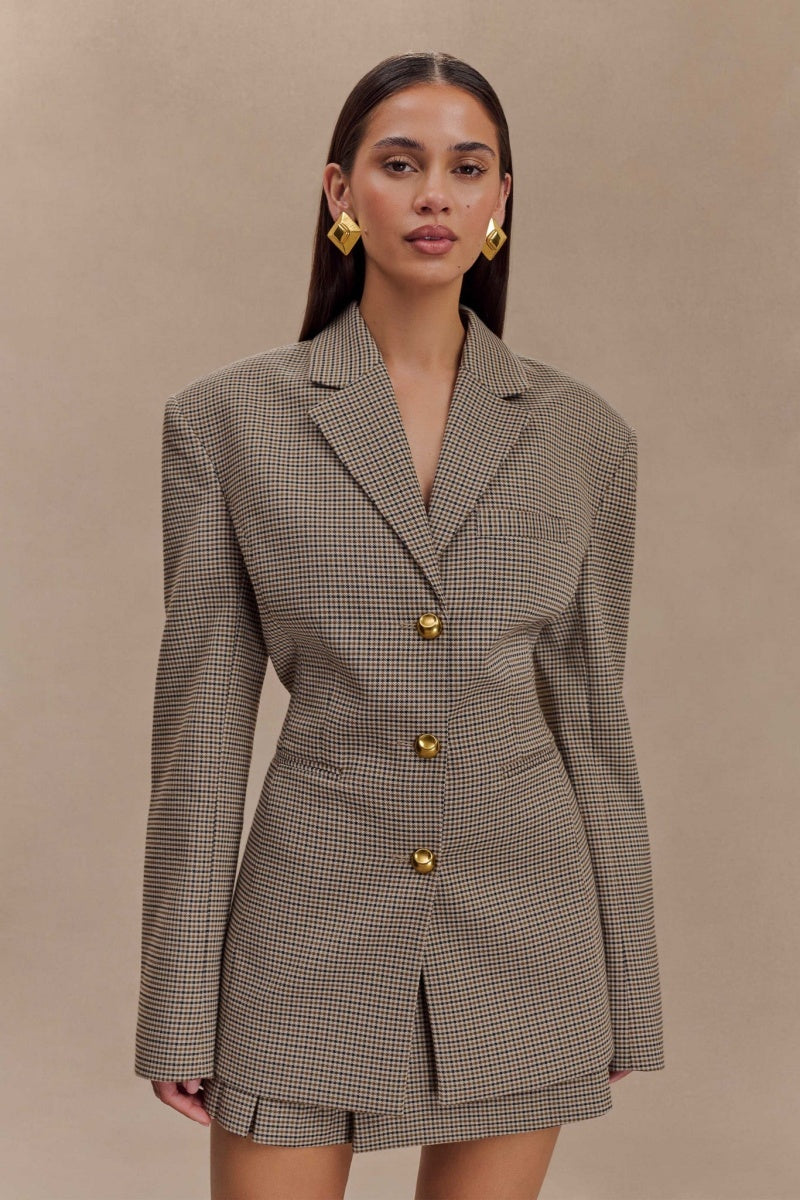 Men's Khaki Grid Buckle Blazer Jacket Tailored Fit