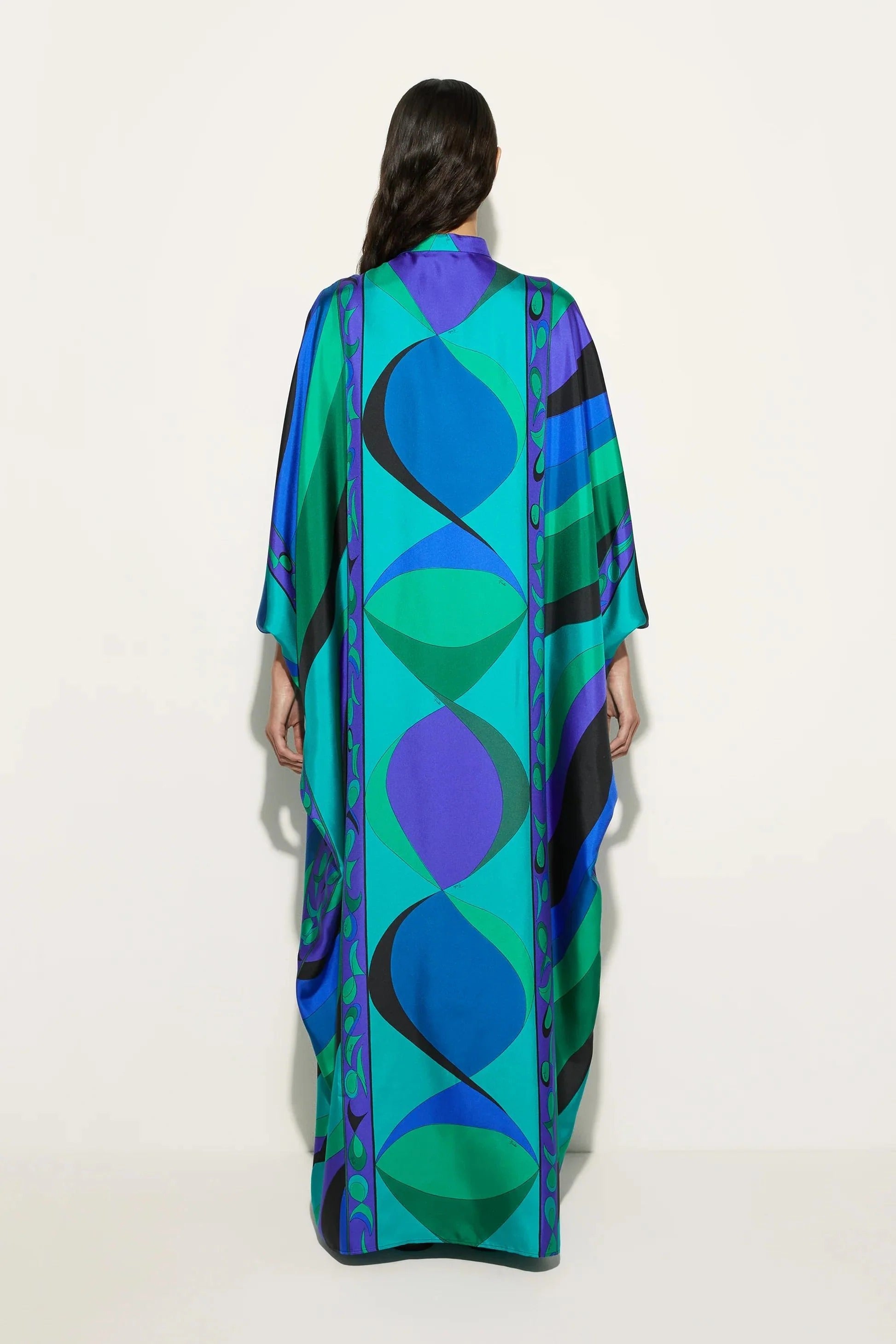 Psychedelic Swirling Iride Satin Kaftan: Flowy, Elegant, Comfortable Resort Wear