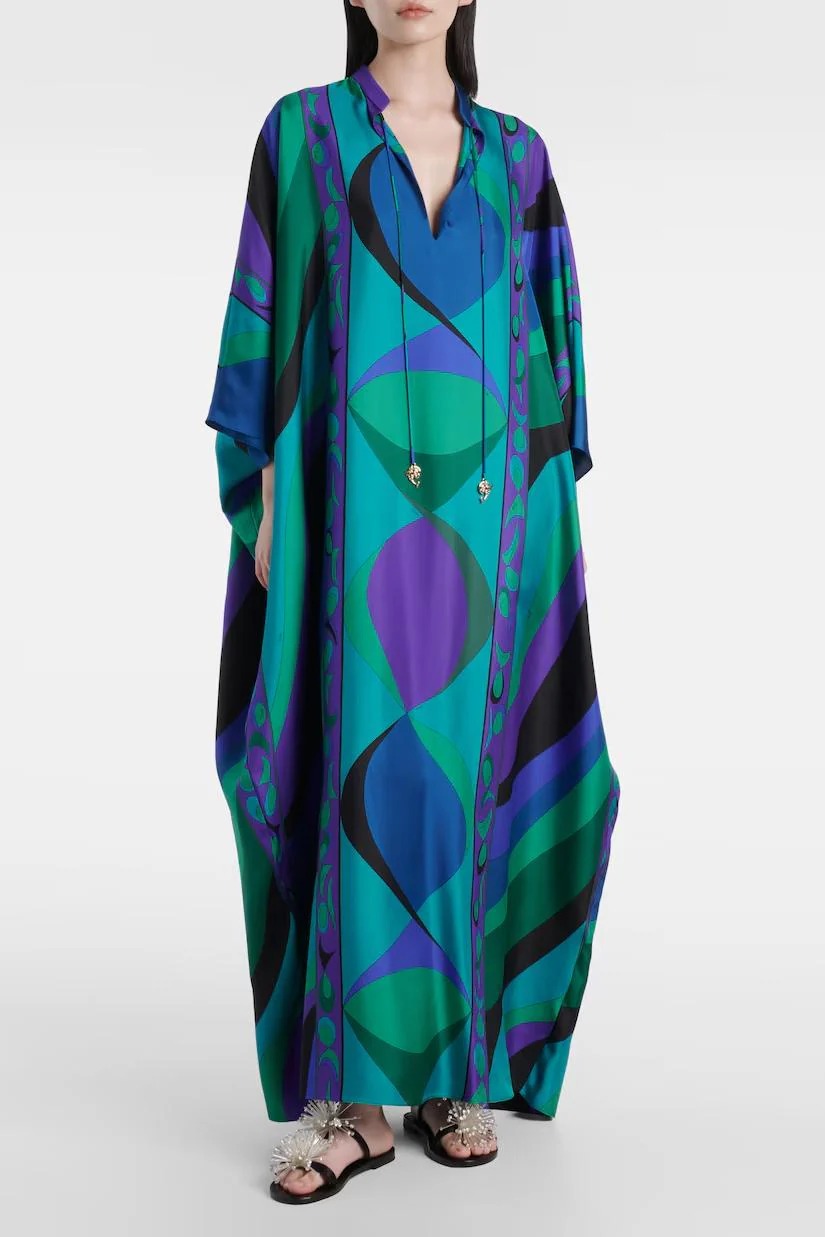 Psychedelic Swirling Iride Satin Kaftan: Flowy, Elegant, Comfortable Resort Wear
