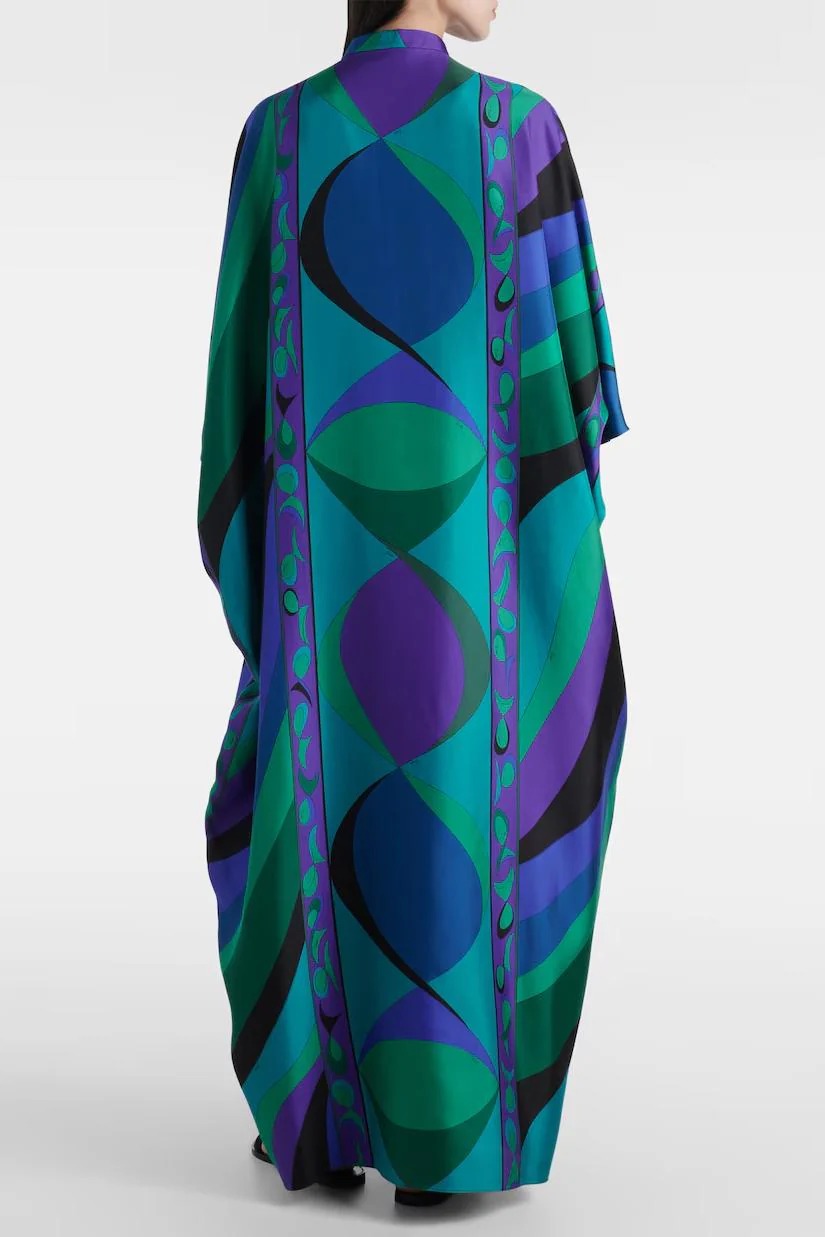 Psychedelic Swirling Iride Satin Kaftan: Flowy, Elegant, Comfortable Resort Wear