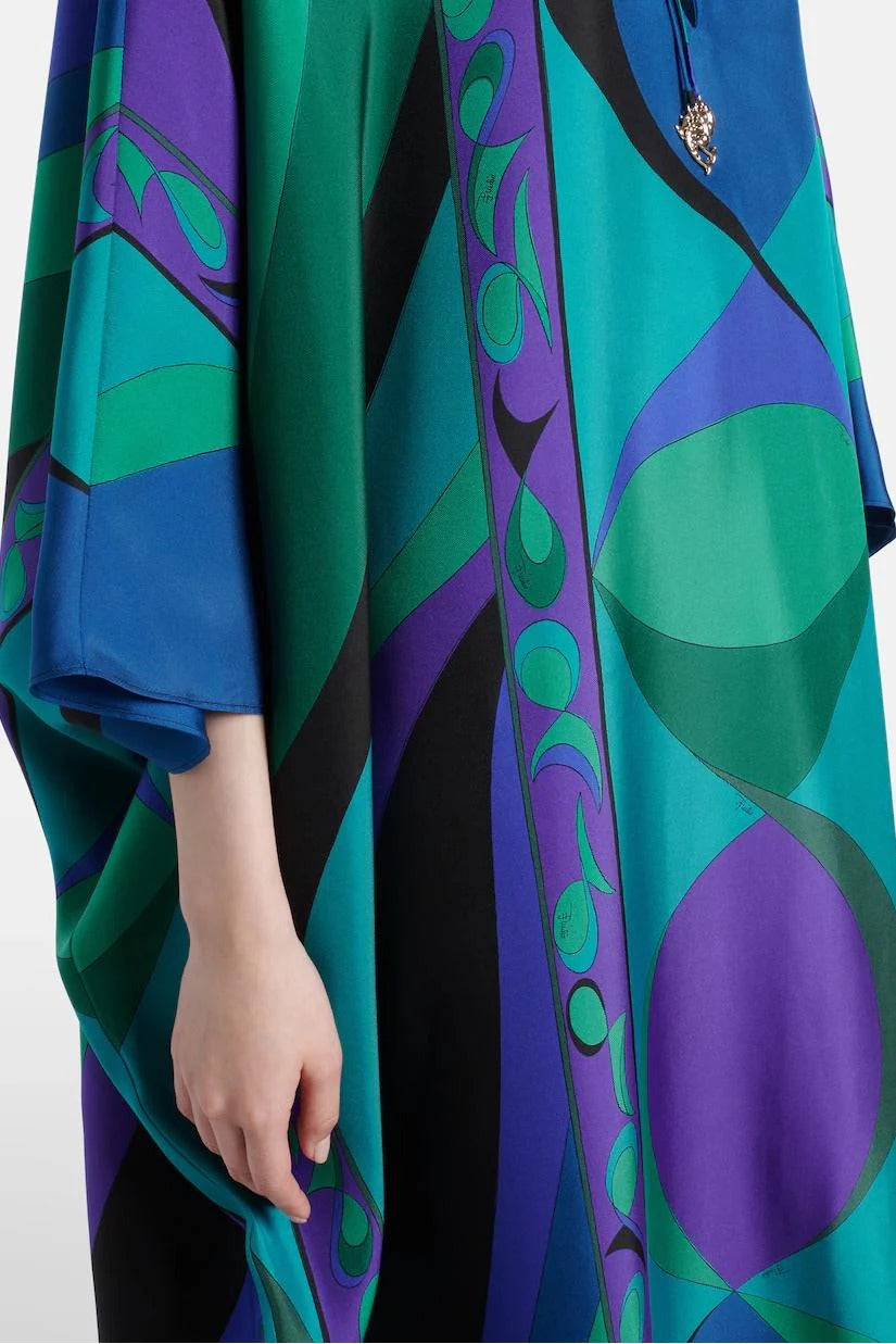 Psychedelic Swirling Iride Satin Kaftan: Flowy, Elegant, Comfortable Resort Wear