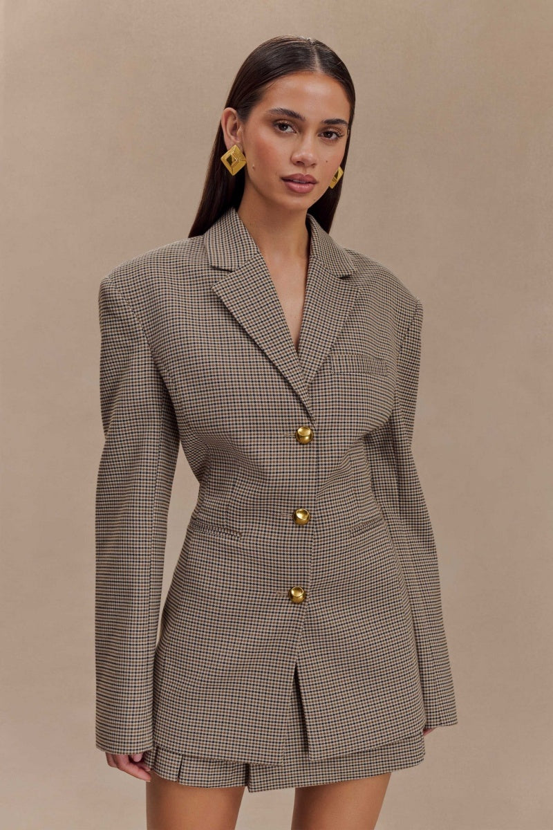 Men's Khaki Grid Buckle Blazer Jacket Tailored Fit