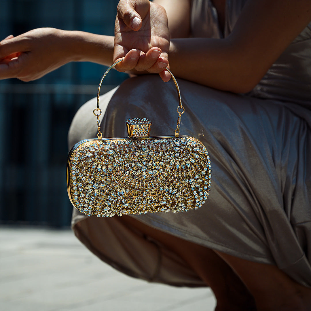Elegant Gold Metallic Flower Clutch with Rhinestone Detailing