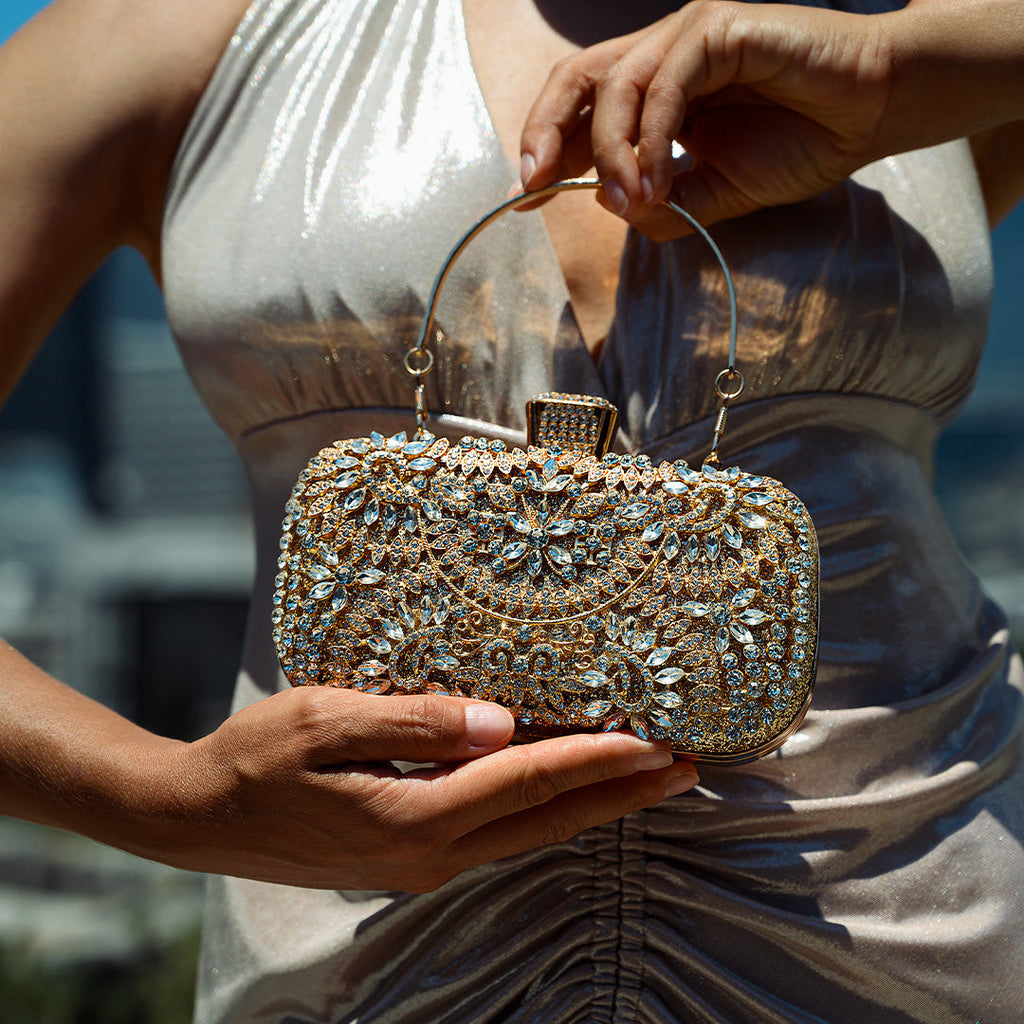 Elegant Gold Metallic Flower Clutch with Rhinestone Detailing