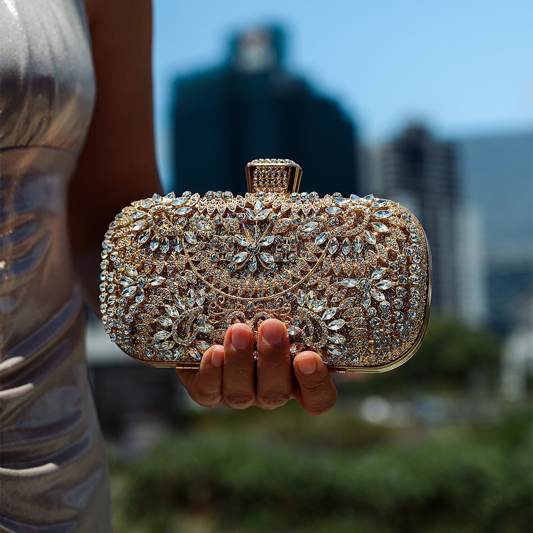 Elegant Gold Metallic Flower Clutch with Rhinestone Detailing
