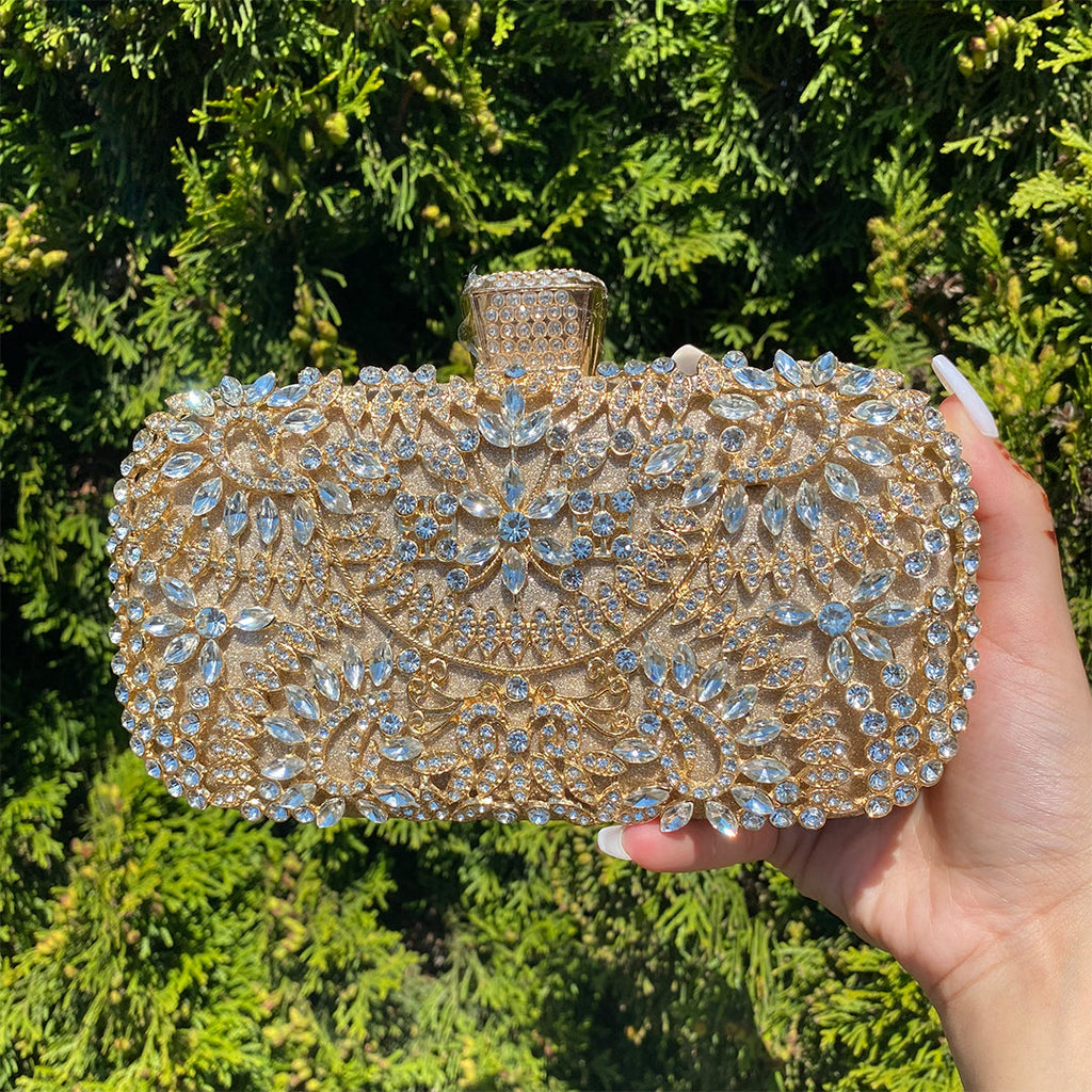 Elegant Gold Metallic Flower Clutch with Rhinestone Detailing
