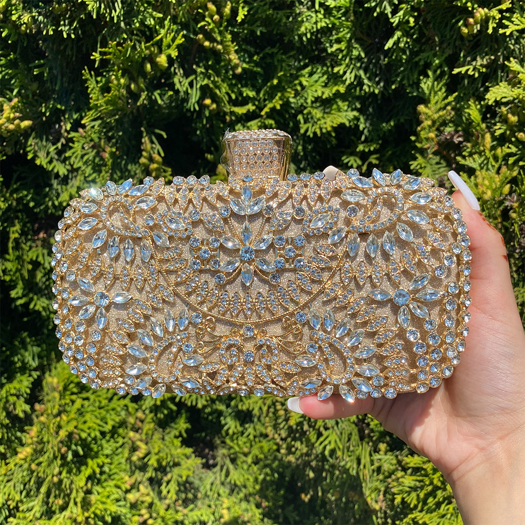 Elegant Gold Metallic Flower Clutch with Rhinestone Detailing